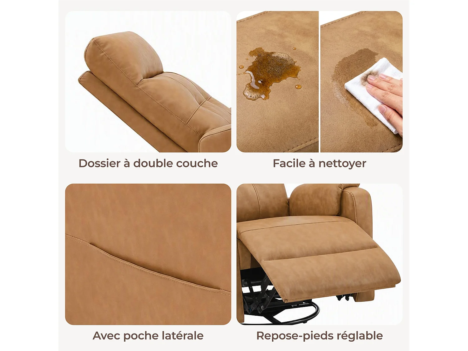 Fauteuil relax manuel en PU  pivotant à 360° , avec tablette rabattable, double porte-gobelets et sac de rangemen,marron