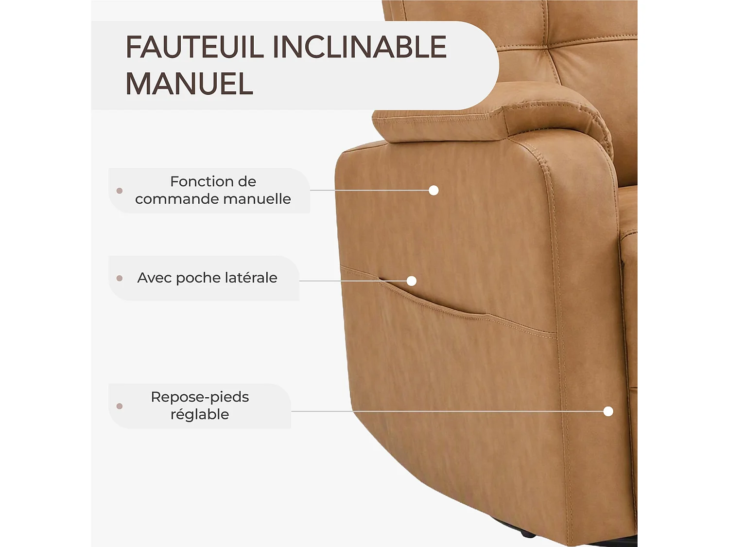 Fauteuil relax manuel en PU  pivotant à 360° , avec tablette rabattable, double porte-gobelets et sac de rangemen,marron