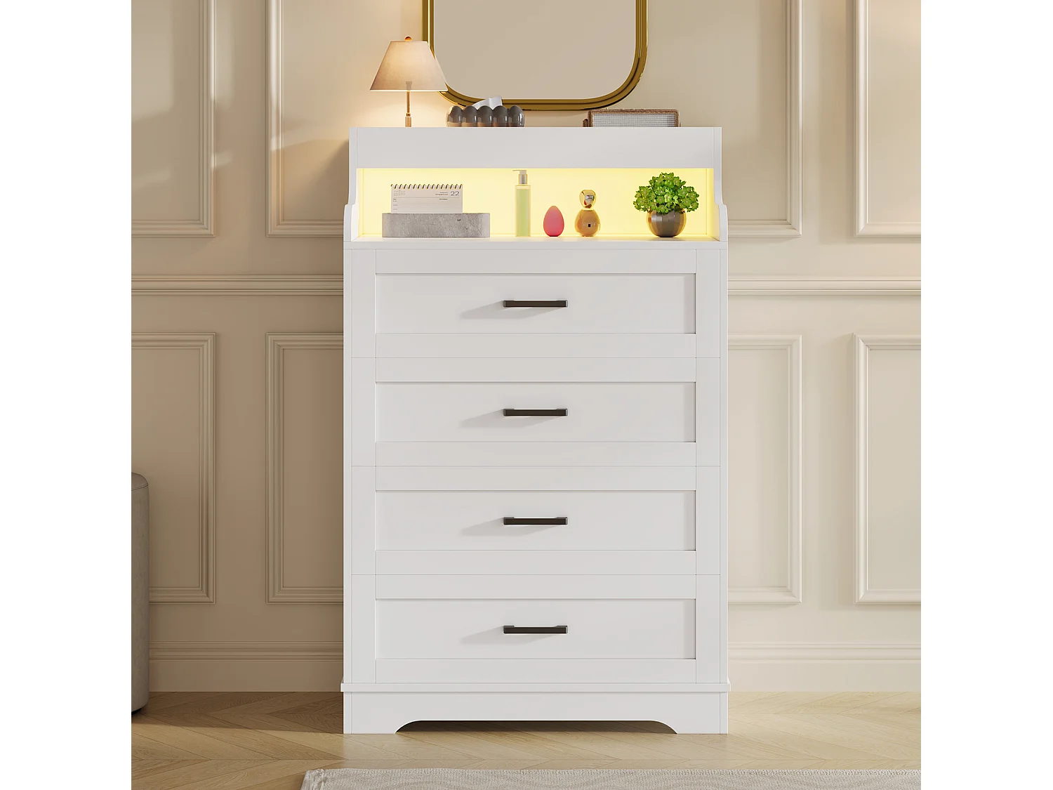 Commode 4 tiroirs avec éclairage LED, meuble de rangement, style scandinave, blanc