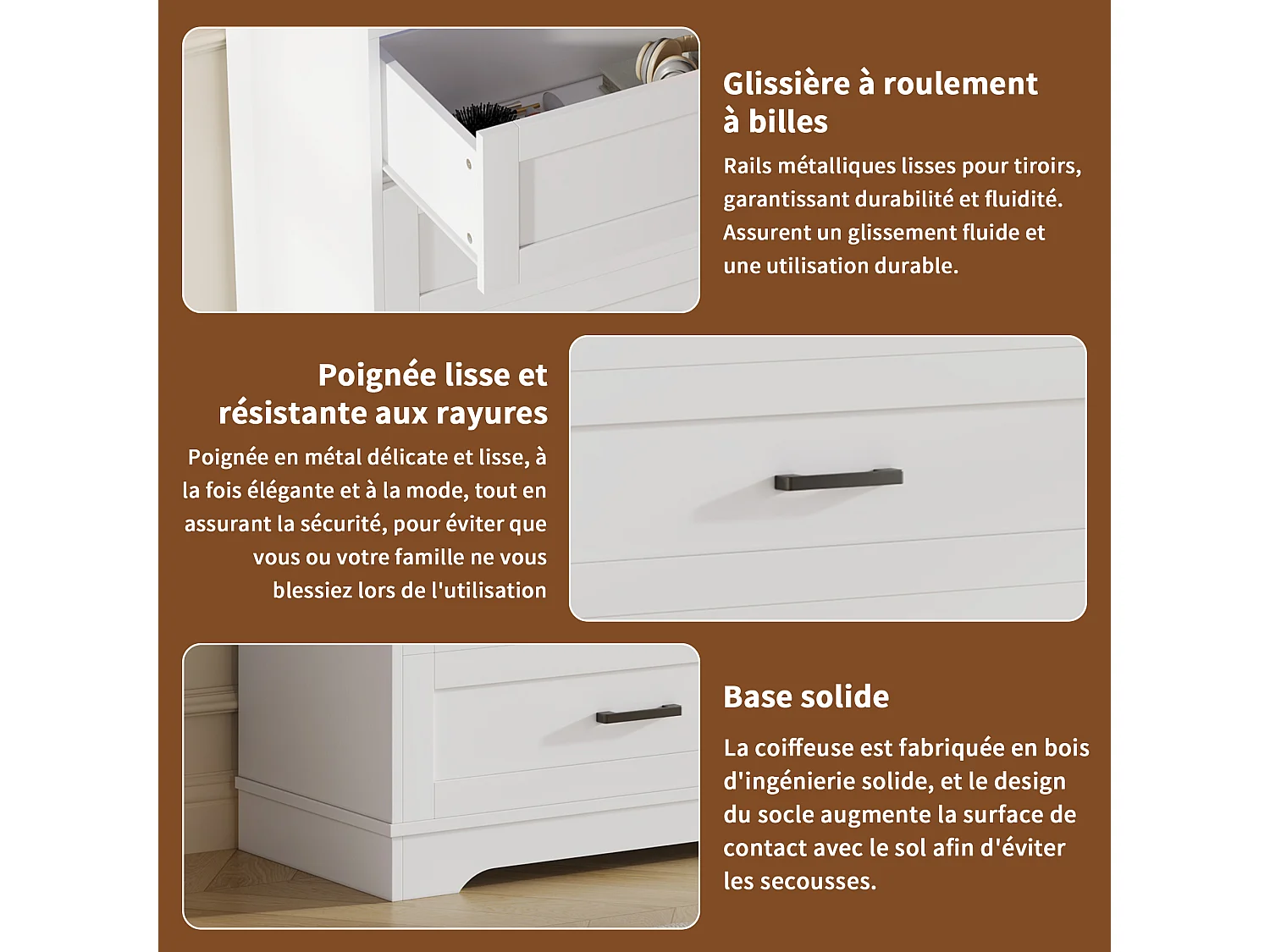 Commode 4 tiroirs avec éclairage LED, meuble de rangement, style scandinave, blanc
