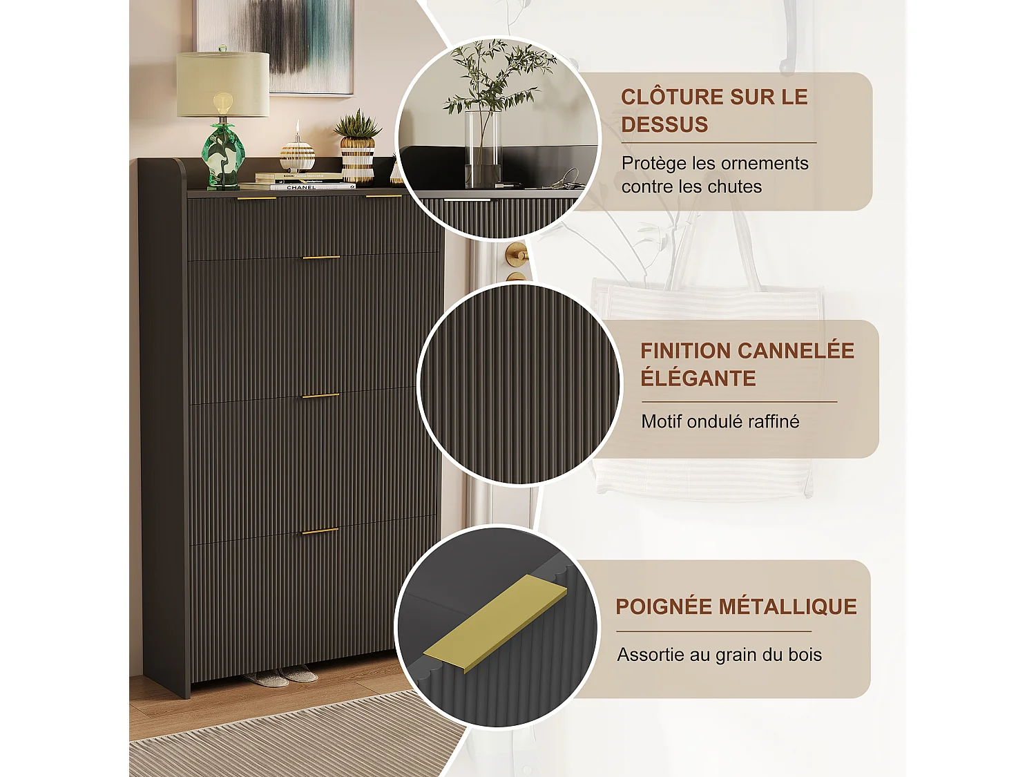 Slanke schoenenkast met 3 neerklapbare deuren en 2 lades - gegroefde panelen en gouden handgrepen, 77x24x133cm, zwart