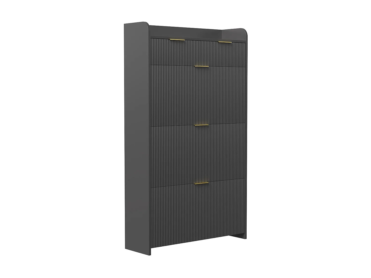Slanke schoenenkast met 3 neerklapbare deuren en 2 lades - gegroefde panelen en gouden handgrepen, 77x24x133cm, zwart