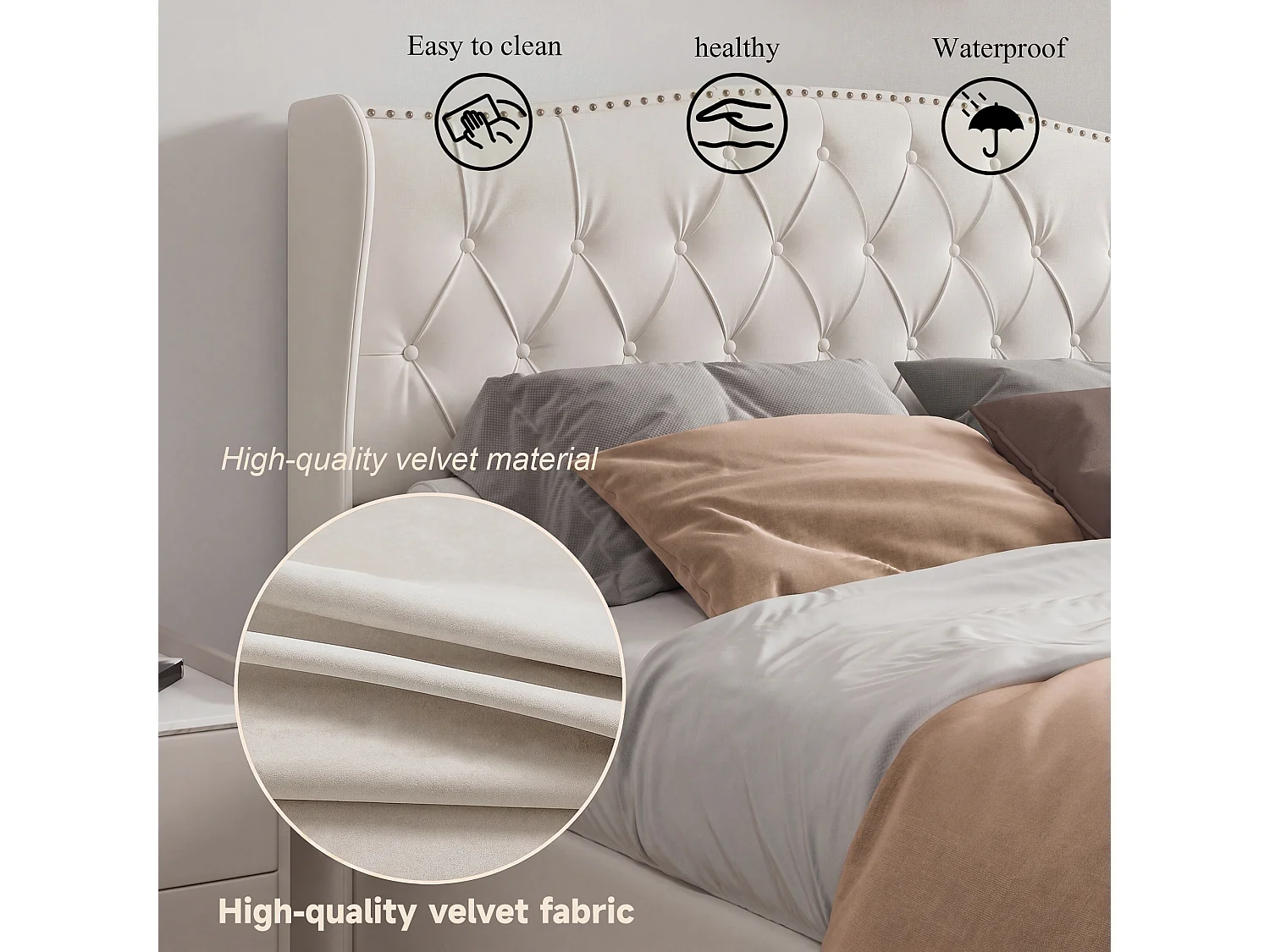 Lit double 140 × 190 cm avec tête de lit capitonnée à clous décoratifs, velours, beige
