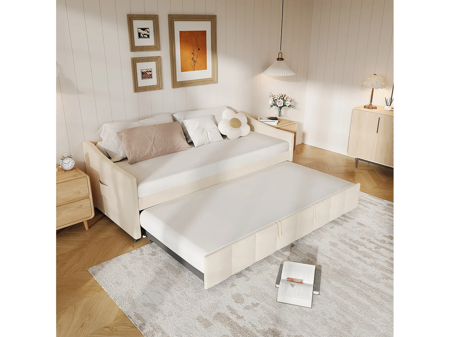 Canapé-lit gigogne convertible avec rangement - Tissu Velours Crème 90x200 cm