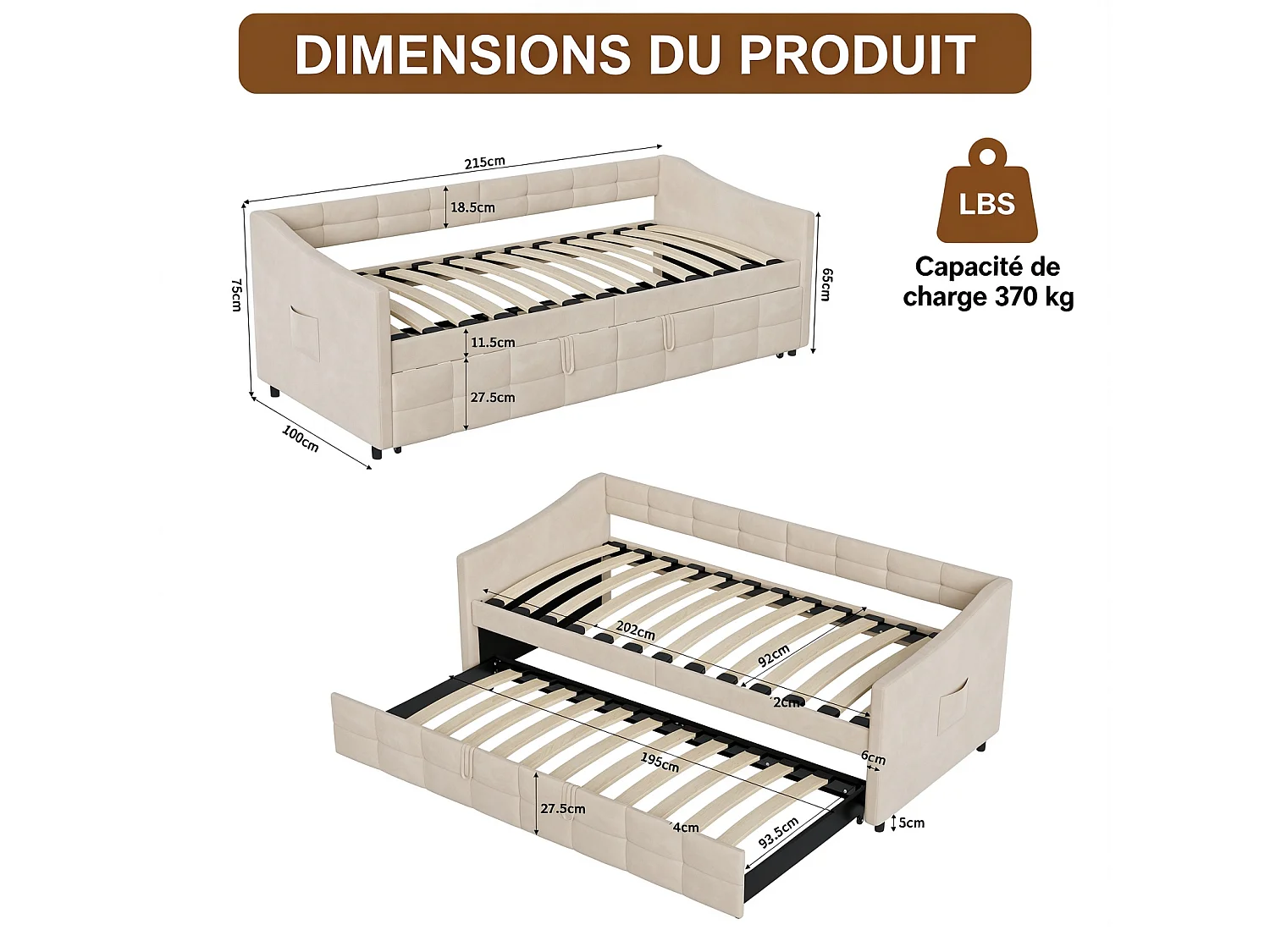 Canapé-lit gigogne convertible avec rangement - Tissu Velours Crème 90x200 cm