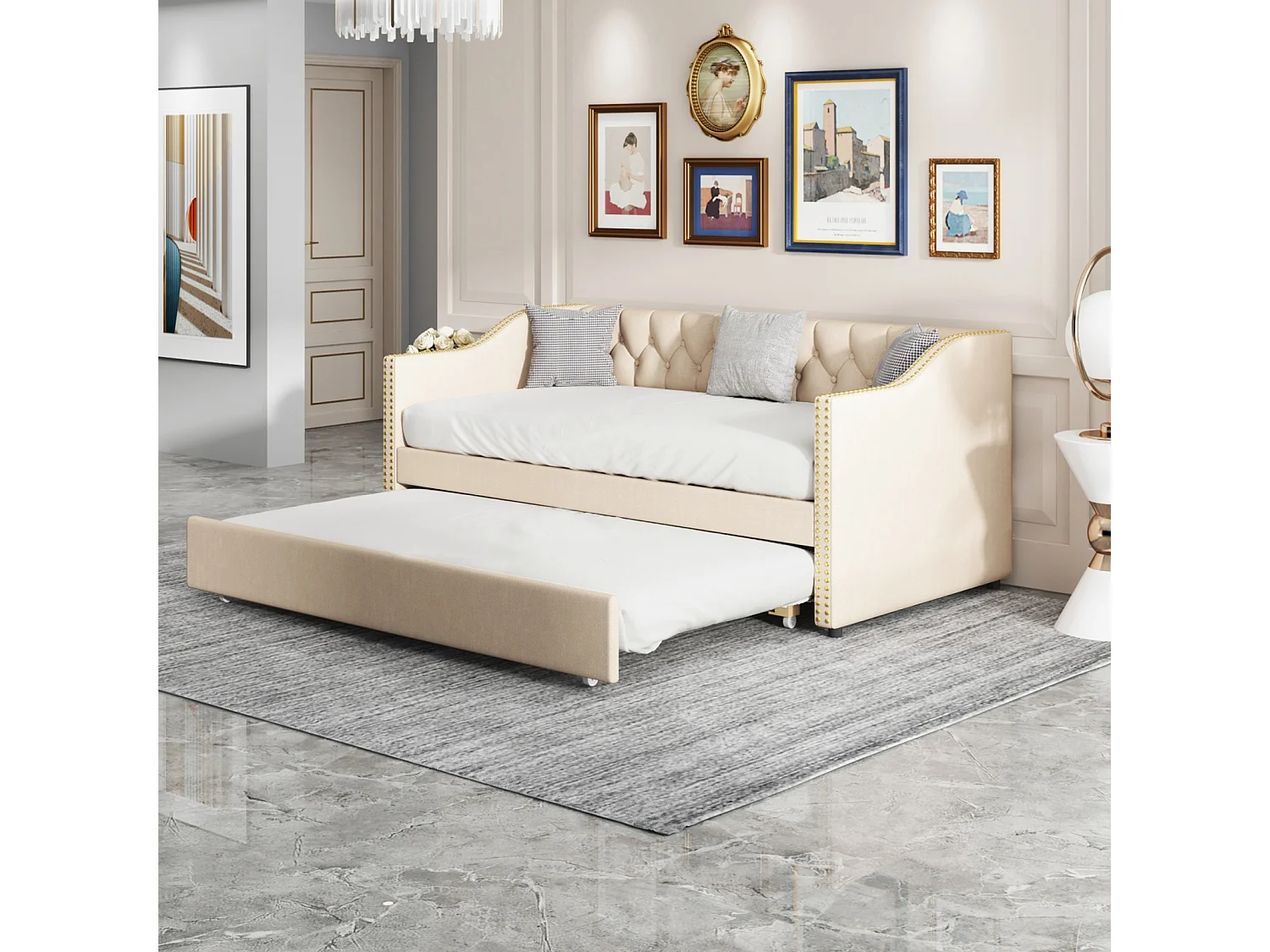 Lit gigogne banquette 2 x 90 x 200 cm， Tissu lin，Beige