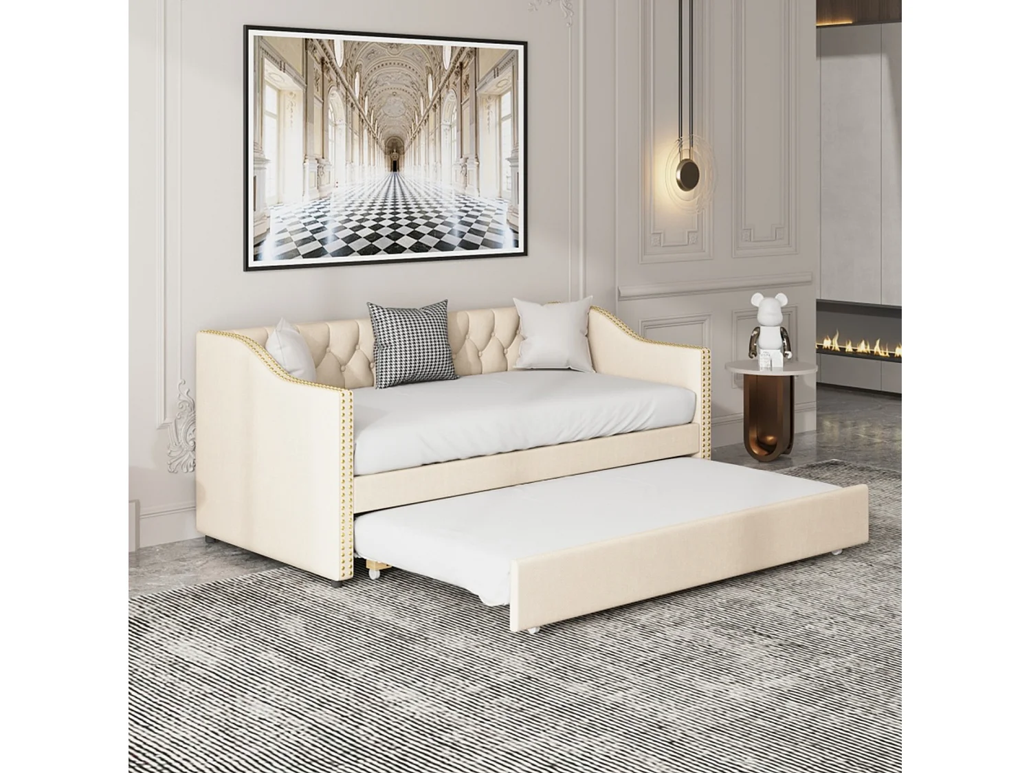 Lit gigogne banquette 2 x 90 x 200 cm， Tissu lin，Beige