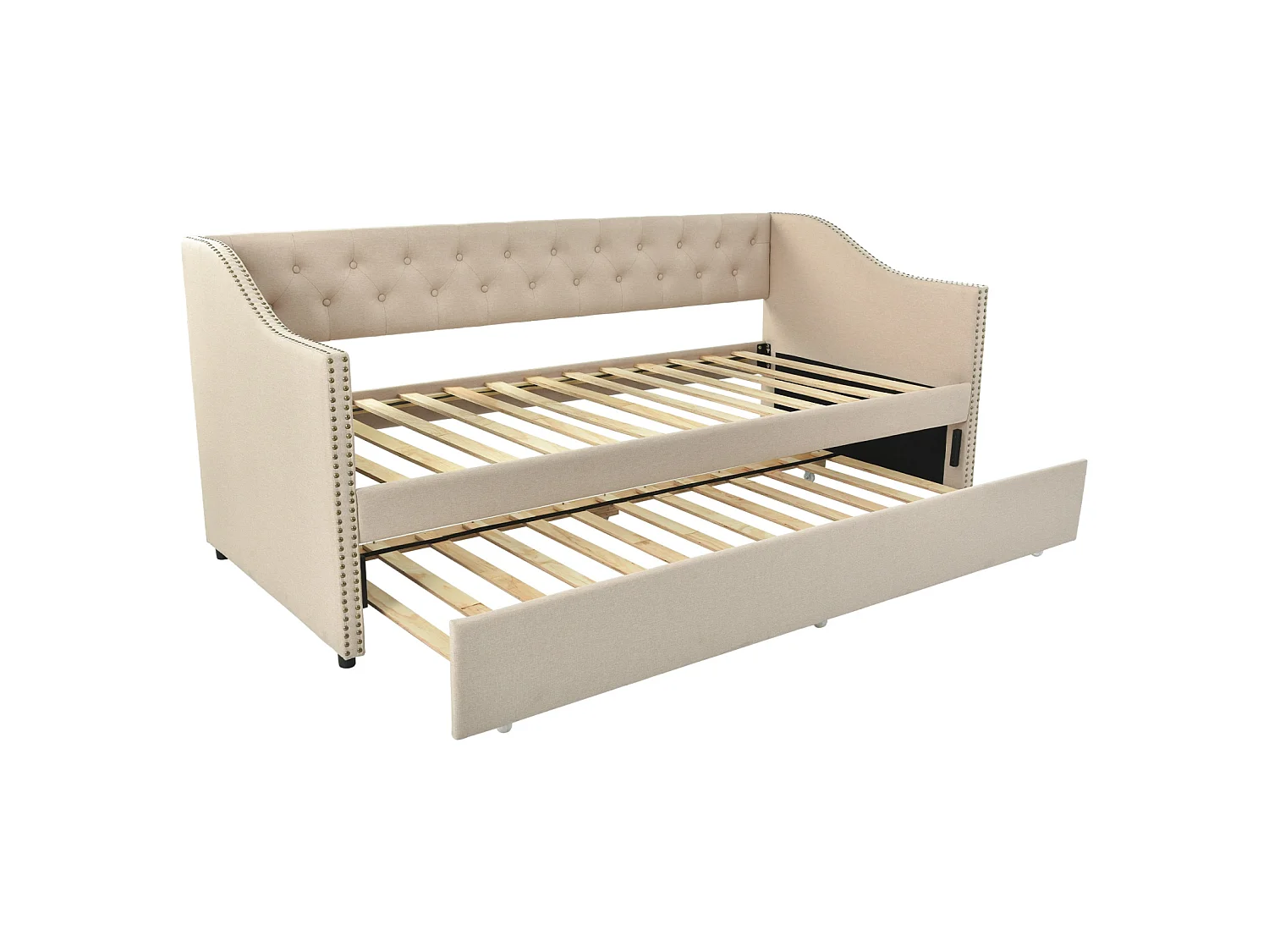 Lit gigogne banquette 2 x 90 x 200 cm， Tissu lin，Beige