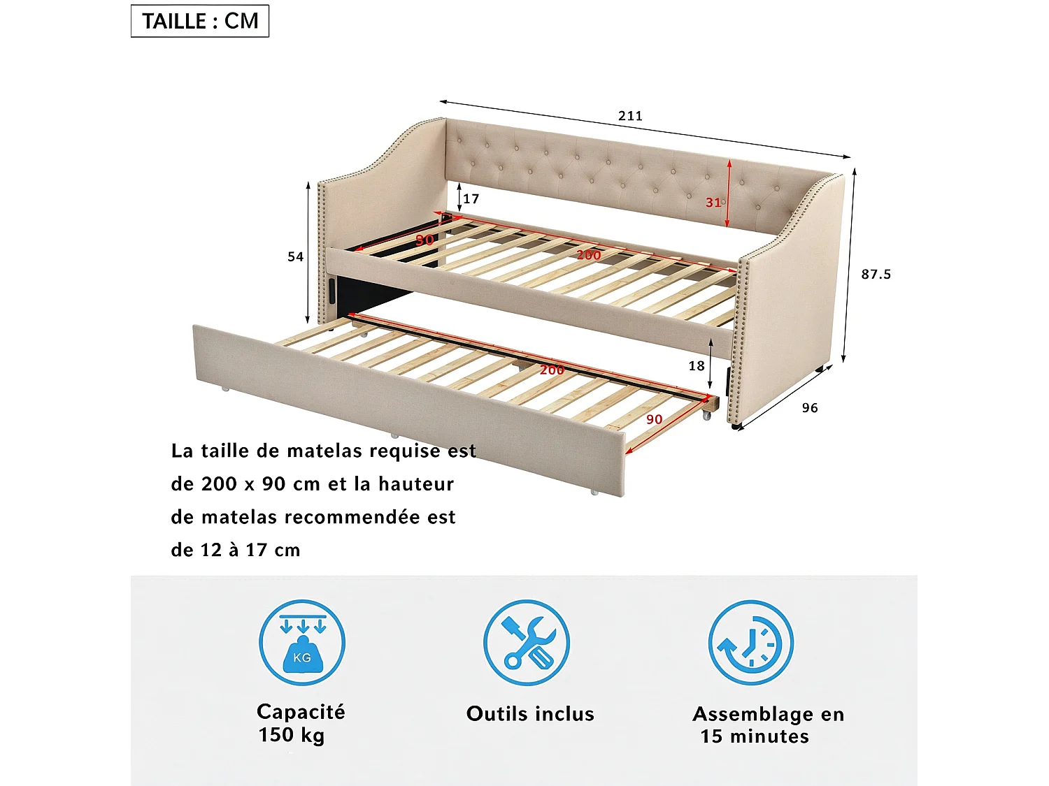 Lit gigogne banquette 2 x 90 x 200 cm， Tissu lin，Beige