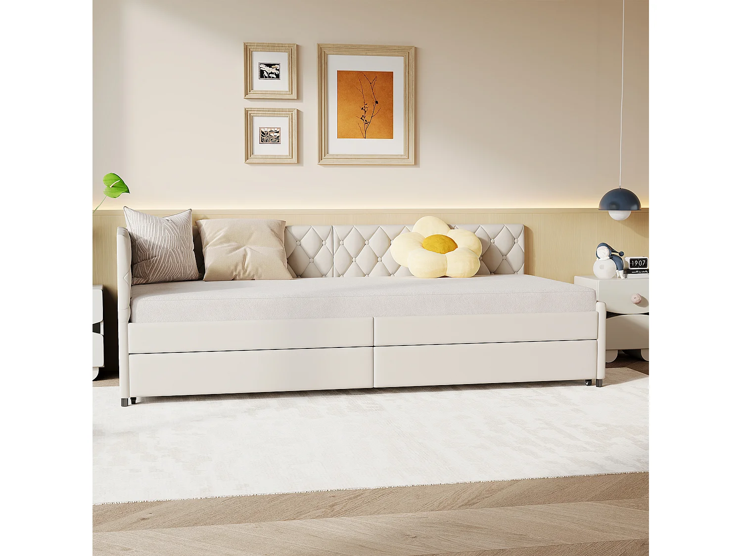 Lit gigogne banquette 2 places 90x200 cm extensible，Tissu Velours Beige Capitonné