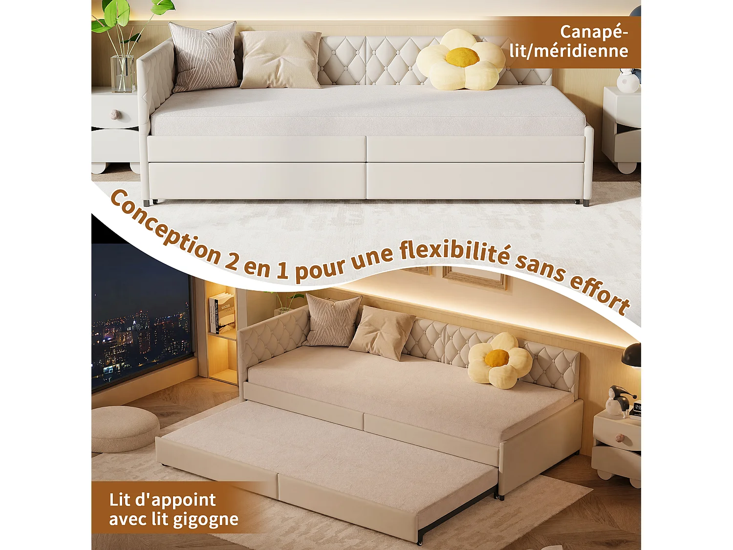 Lit gigogne banquette 2 places 90x200 cm extensible，Tissu Velours Beige Capitonné