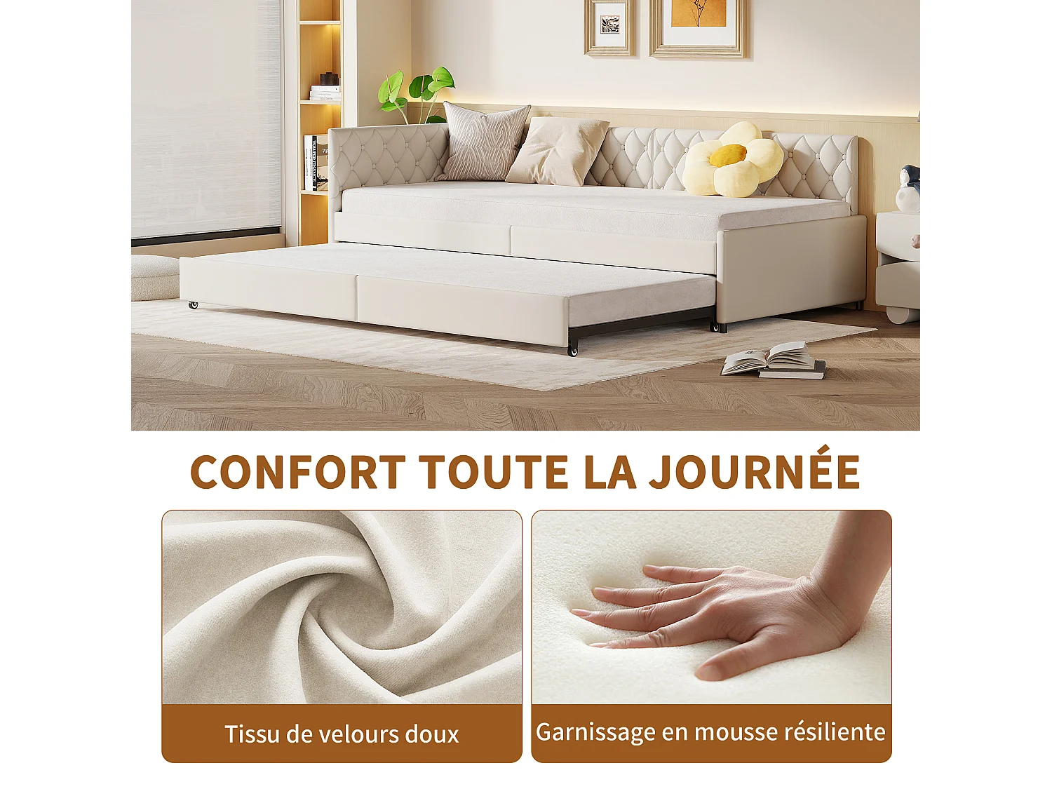 Lit gigogne banquette 2 places 90x200 cm extensible，Tissu Velours Beige Capitonné