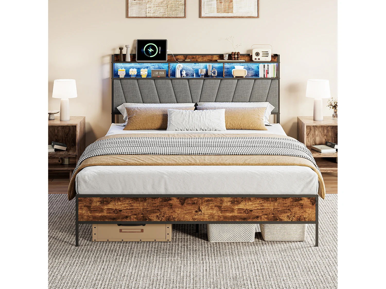 Lit double 160 x 200 cm industriel avec tête de lit étagère, LED et prise intégrée, bois et métal, noir