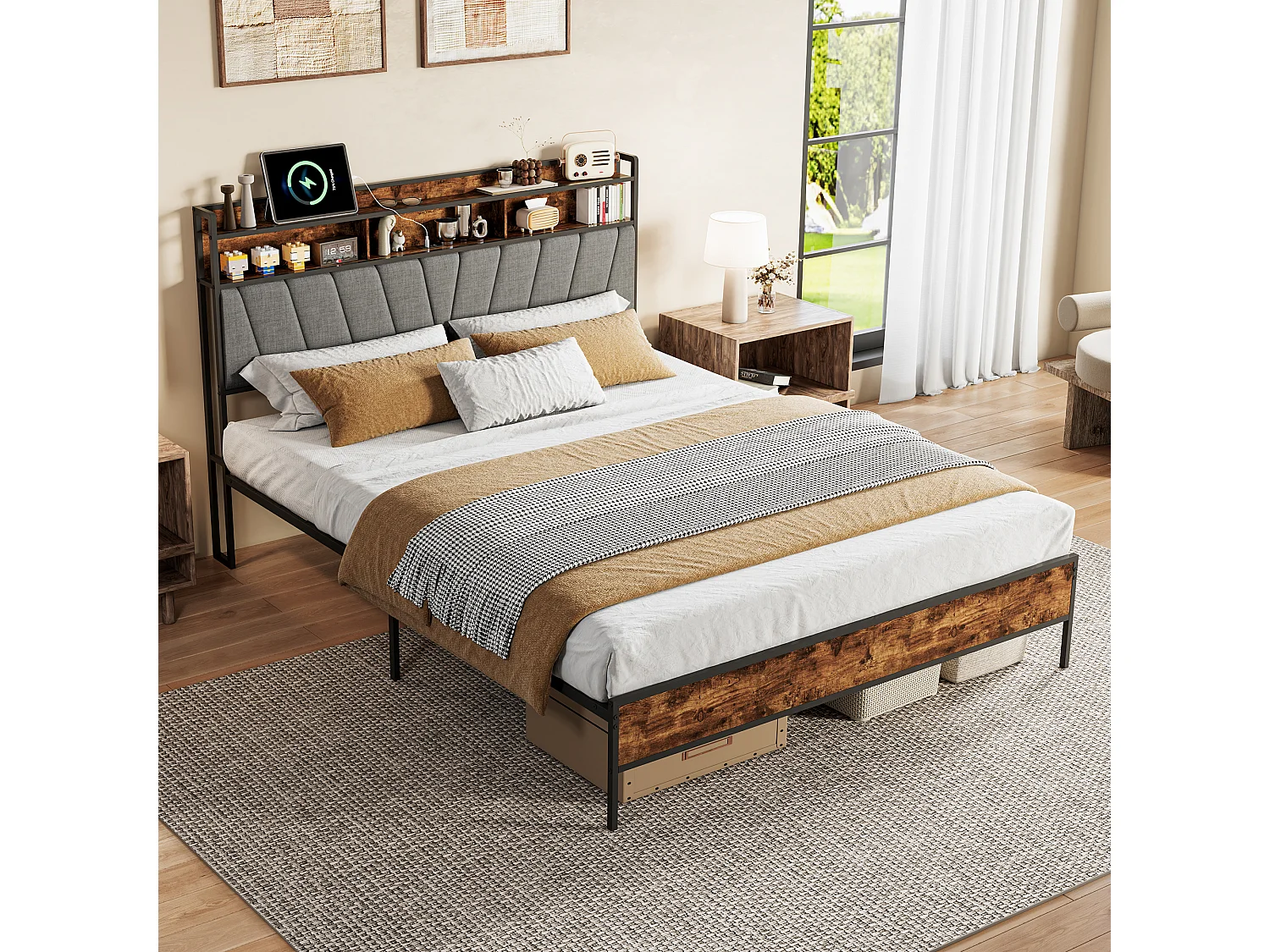 Lit double 160 x 200 cm industriel avec tête de lit étagère, LED et prise intégrée, bois et métal, noir