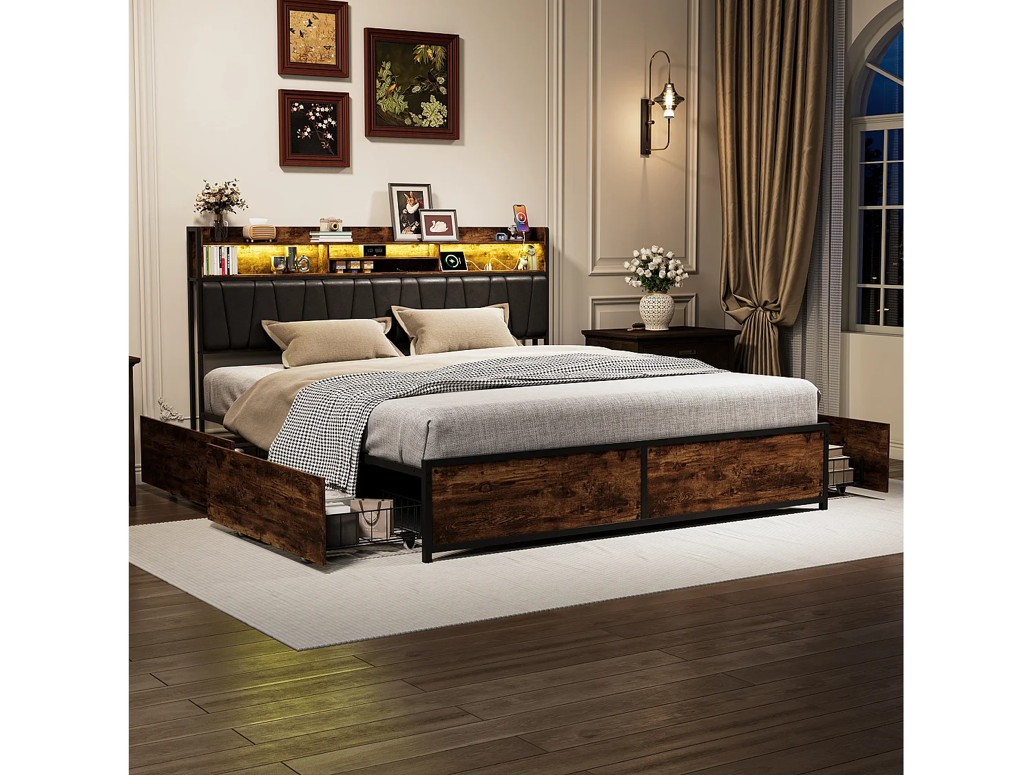 Opbergbed 180 x 200 cm met led-hoofdbord en opberglades van metaal/hout, tijgerstreepmotief, zwart