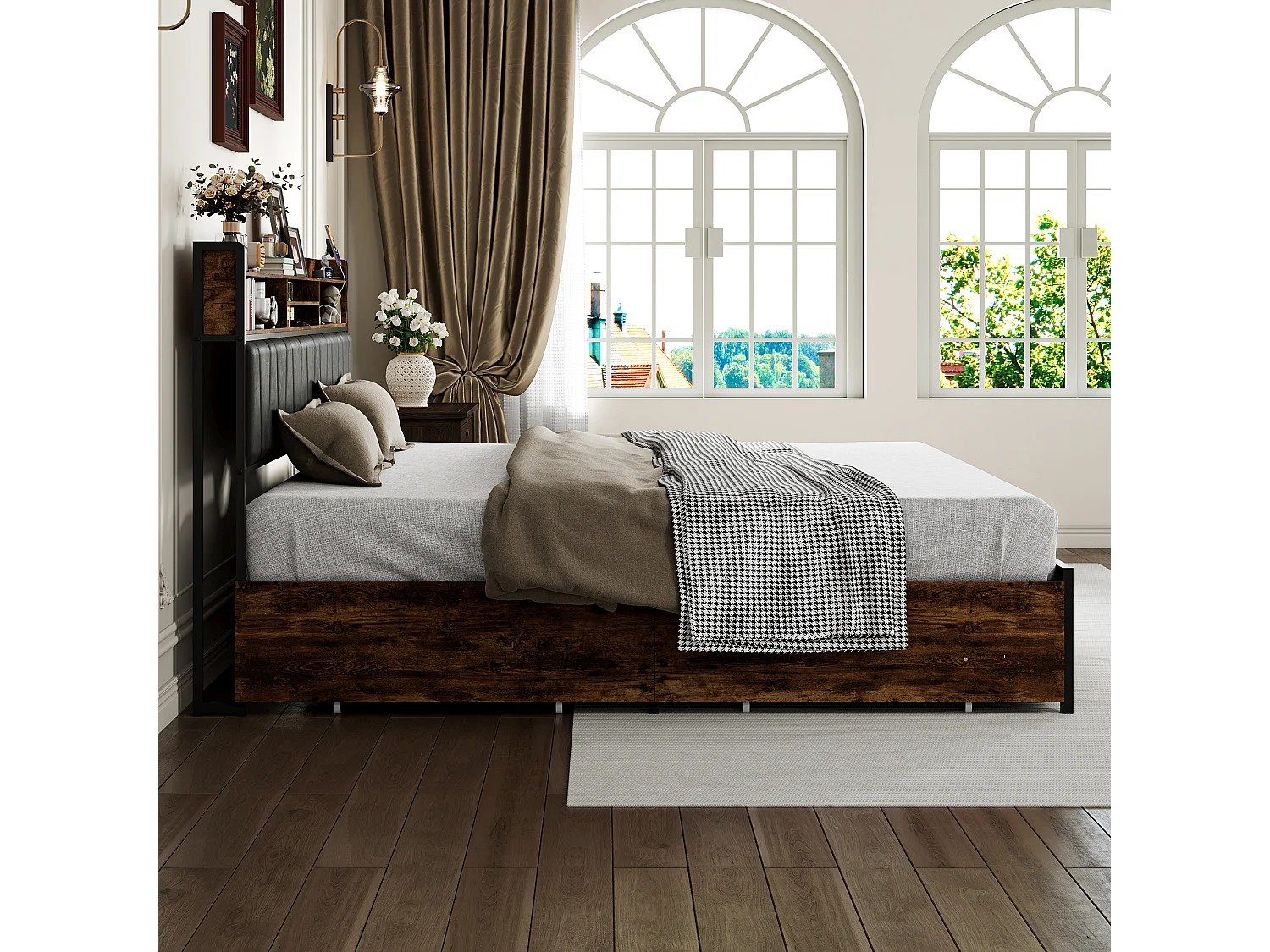 Opbergbed 180 x 200 cm met led-hoofdbord en opberglades van metaal/hout, tijgerstreepmotief, zwart