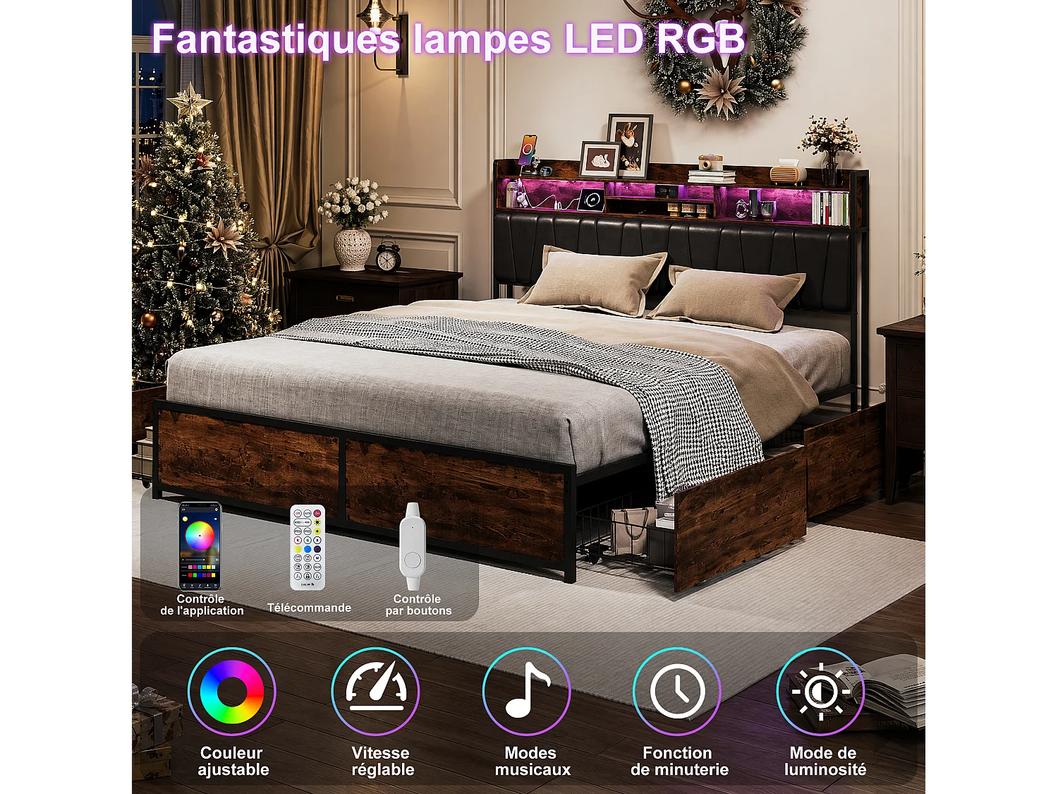 Opbergbed 180 x 200 cm met led-hoofdbord en opberglades van metaal/hout, tijgerstreepmotief, zwart