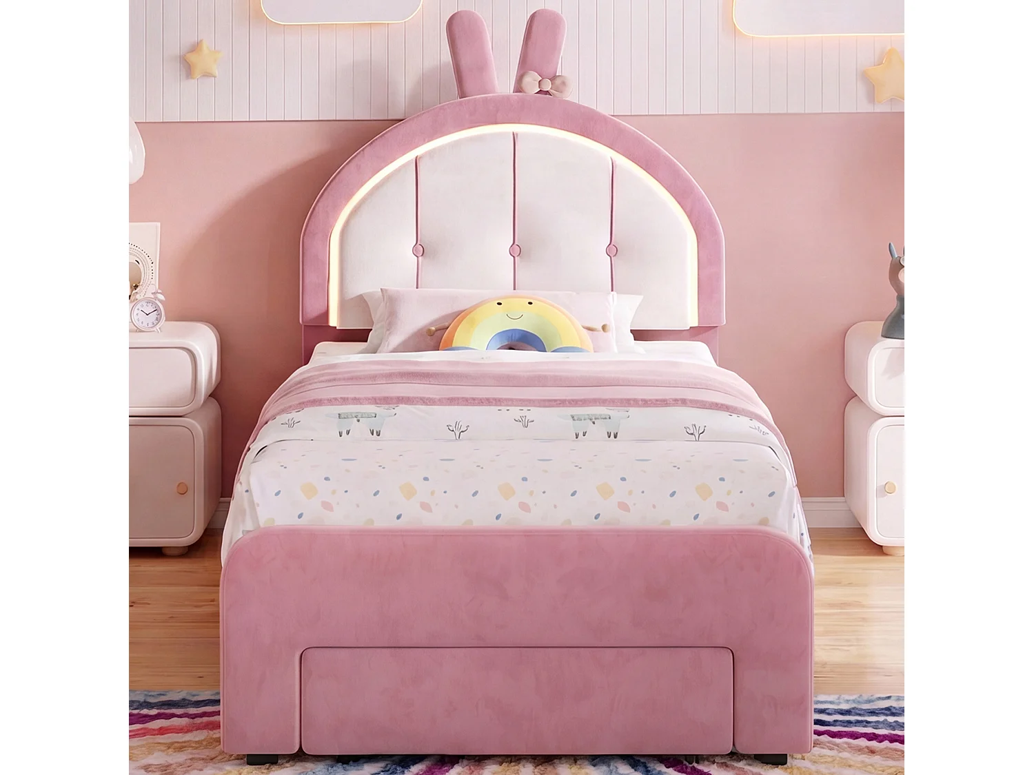 Lit enfant 90 x 200 cm avec tête de lit lapin LED et tiroir de rangement, velours, rose