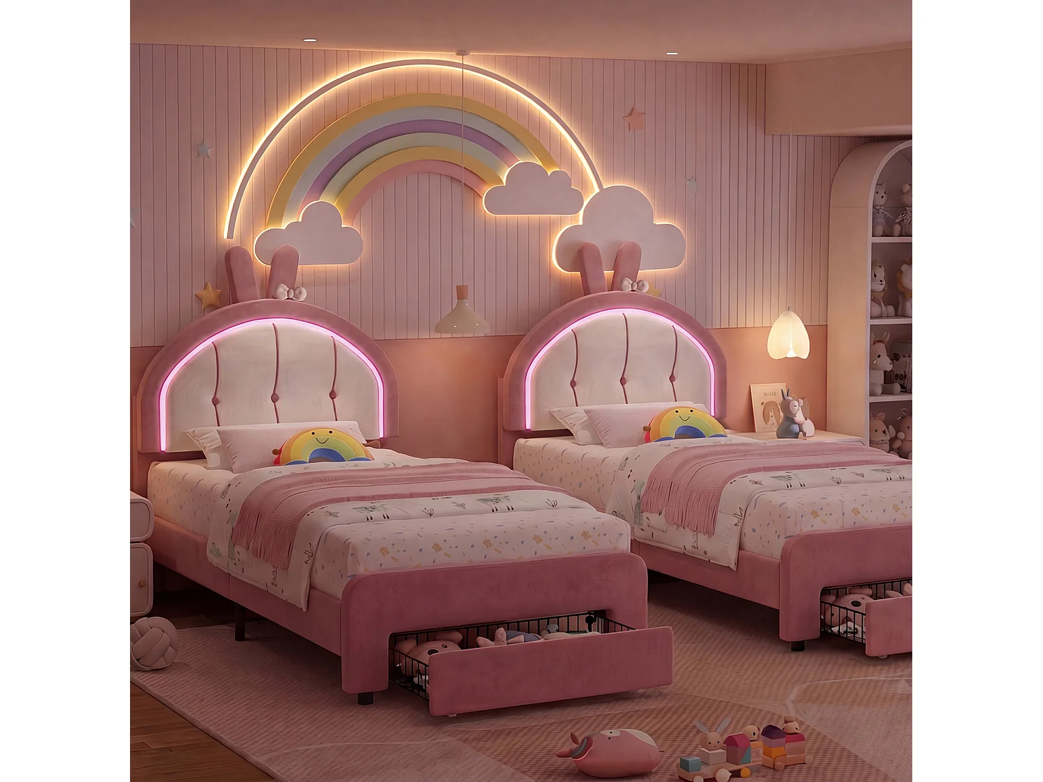 Lit enfant 90 x 200 cm avec tête de lit lapin LED et tiroir de rangement, velours, rose