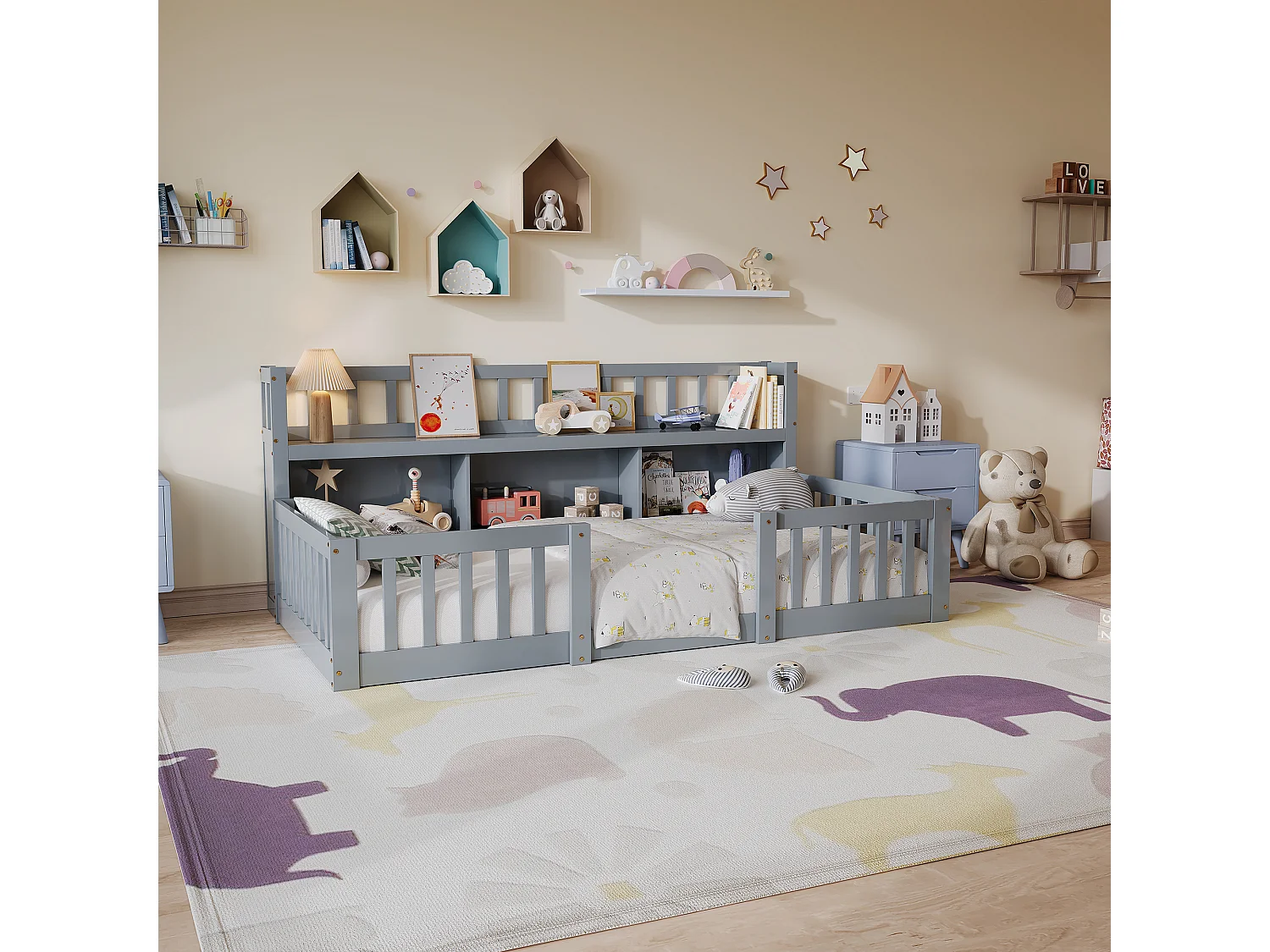 Lit enfant 140 × 200 cm avec barrières de sécurité, étagère intégrée, lit bas Montessori, bois, gris