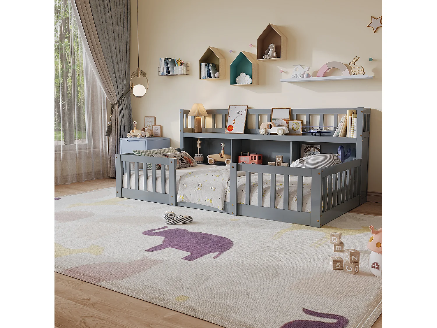 Lit enfant 140 × 200 cm avec barrières de sécurité, étagère intégrée, lit bas Montessori, bois, gris