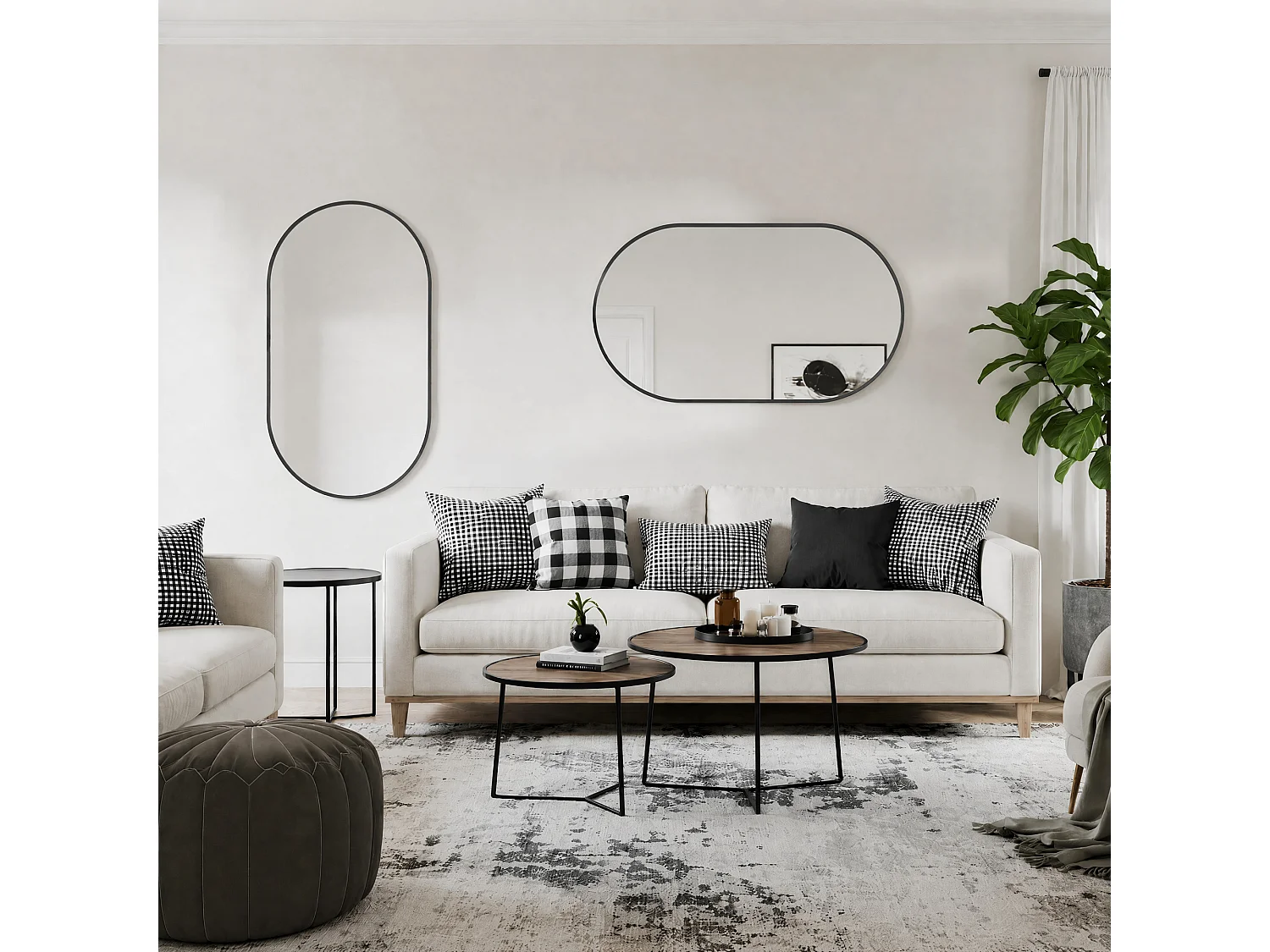 Miroir mural forme piste 75 x 50 cm en verre trempé avec cadre en aluminium noir