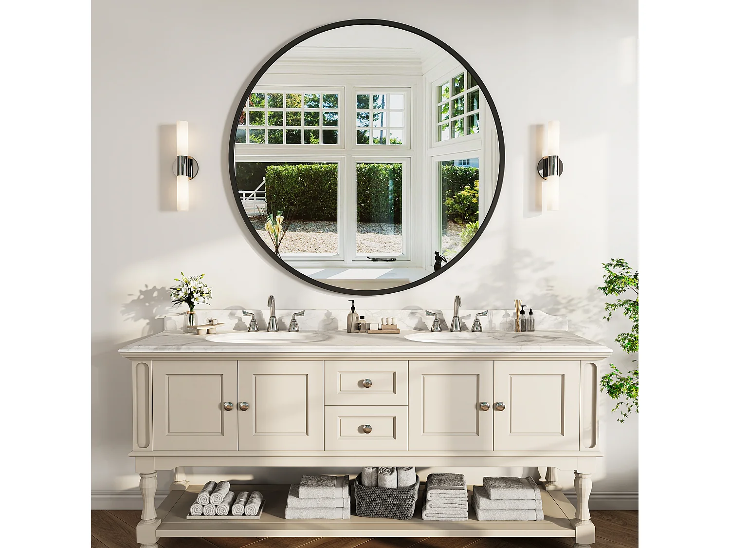 Miroir mural rond 75 cm en verre trempé avec cadre en aluminium noir