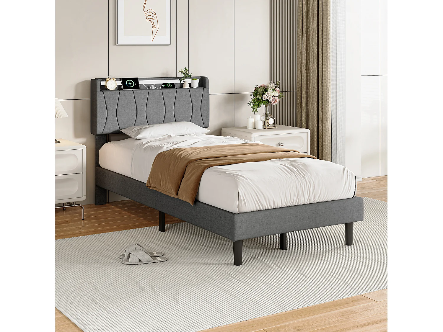 Cama de solteiro 90 x 200 cm com iluminação LED, cabeceira estofada e portas USB e Tipo-C, roupa de cama, cinza