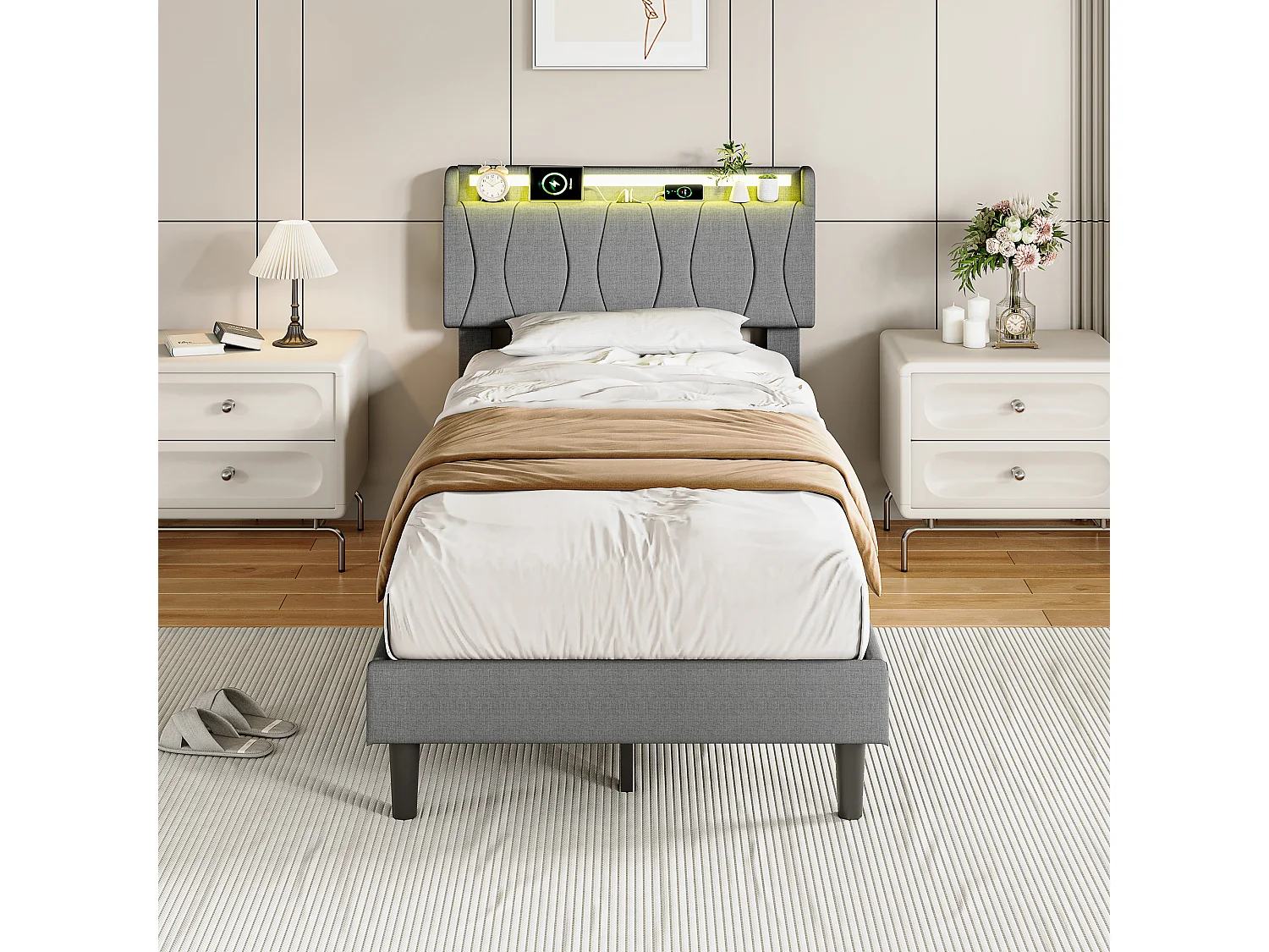 Cama de solteiro 90 x 200 cm com iluminação LED, cabeceira estofada e portas USB e Tipo-C, roupa de cama, cinza