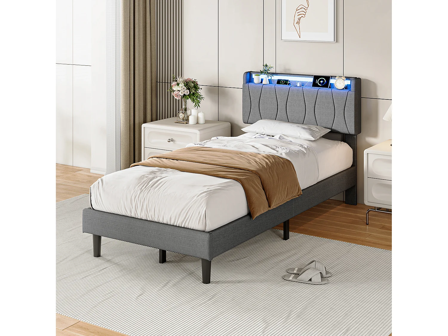 Cama de solteiro 90 x 200 cm com iluminação LED, cabeceira estofada e portas USB e Tipo-C, roupa de cama, cinza