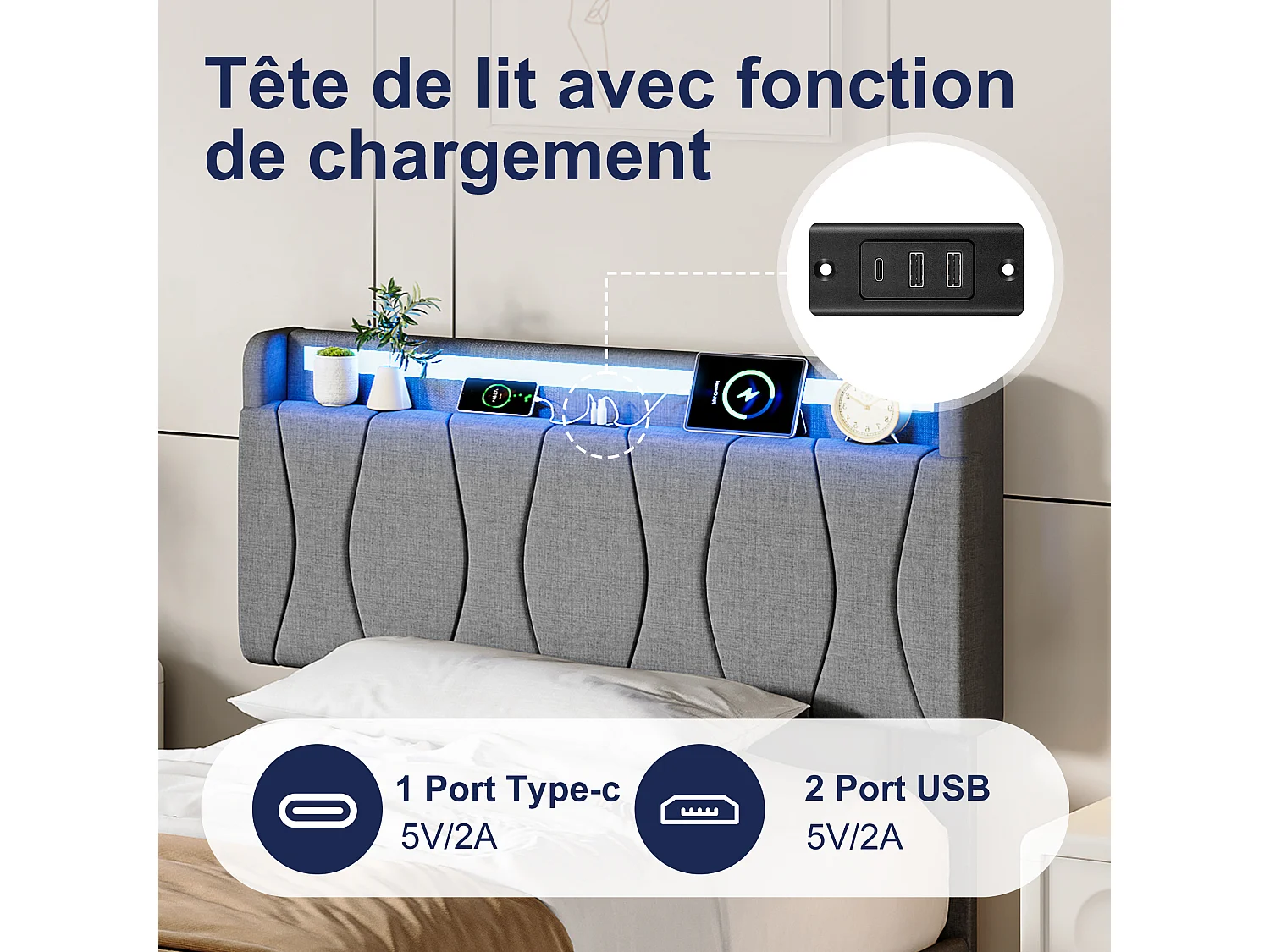 Cama de solteiro 90 x 200 cm com iluminação LED, cabeceira estofada e portas USB e Tipo-C, roupa de cama, cinza
