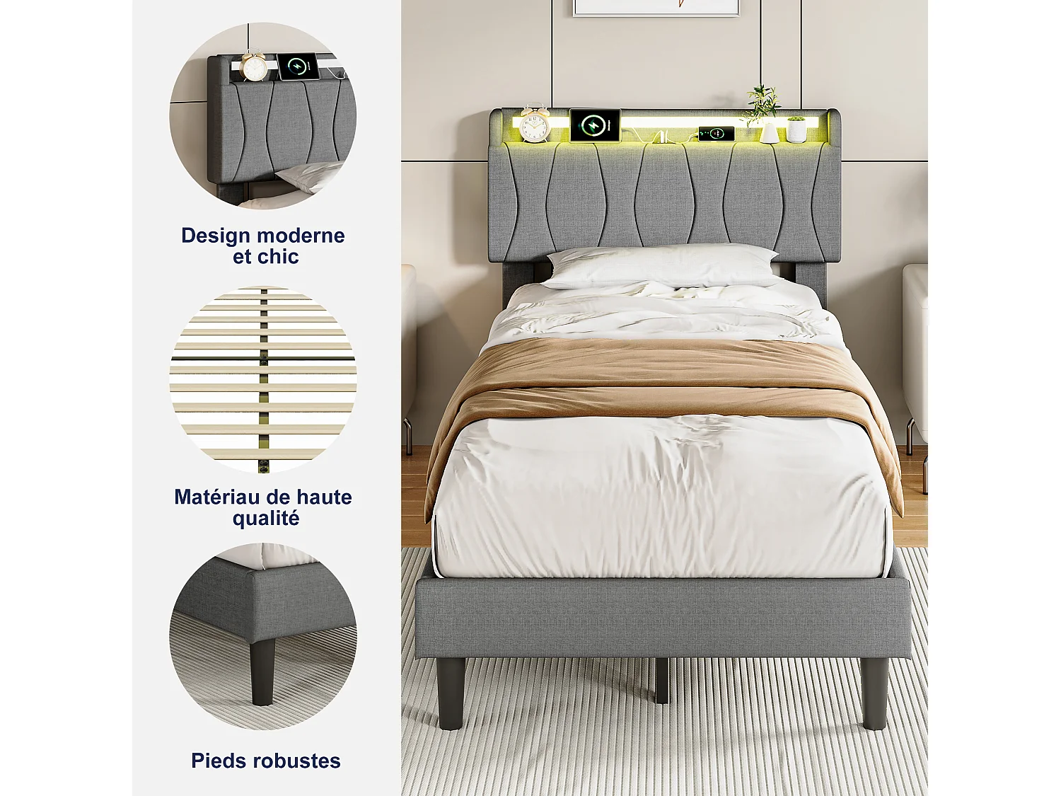 Cama de solteiro 90 x 200 cm com iluminação LED, cabeceira estofada e portas USB e Tipo-C, roupa de cama, cinza