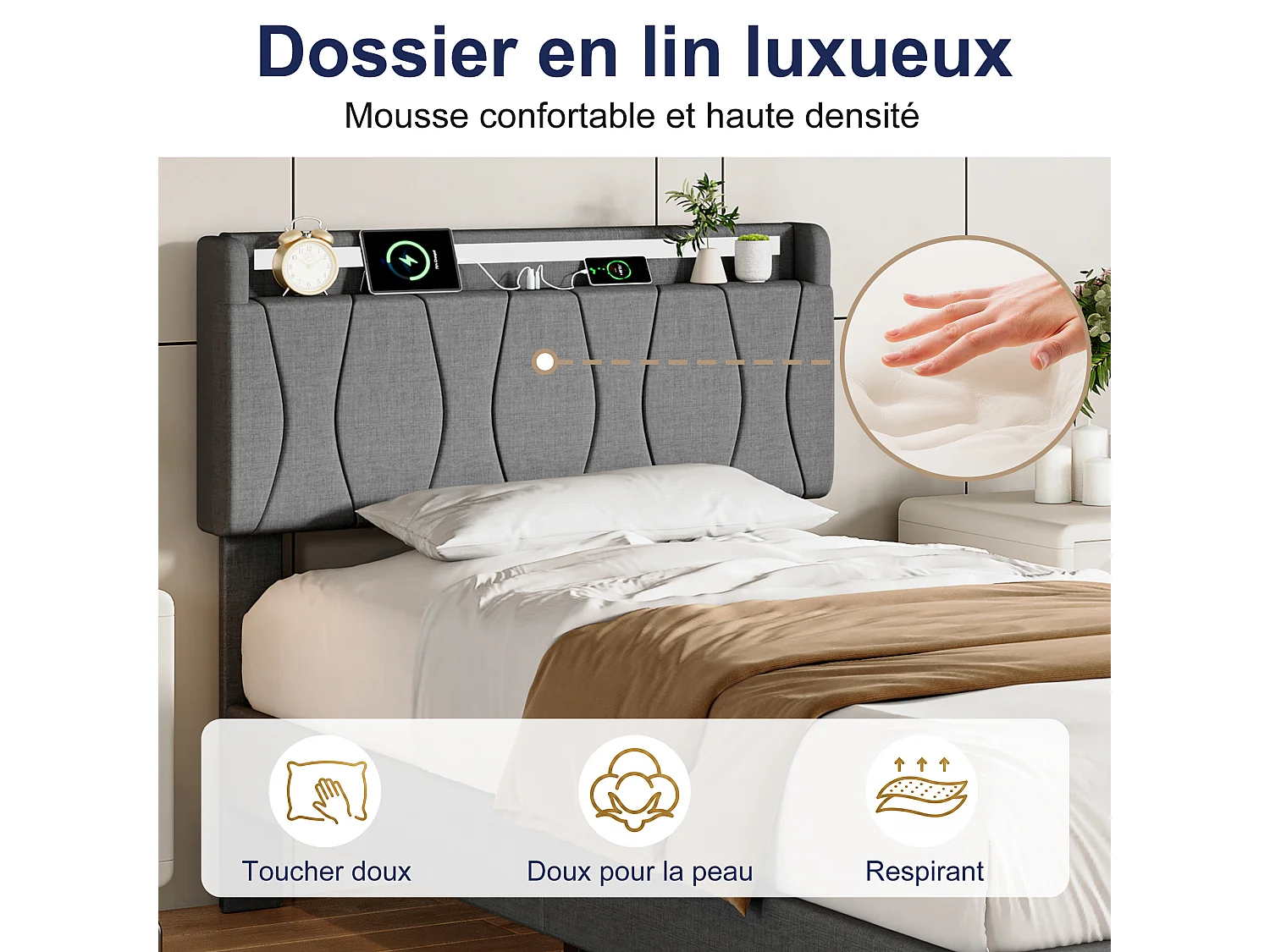 Cama de solteiro 90 x 200 cm com iluminação LED, cabeceira estofada e portas USB e Tipo-C, roupa de cama, cinza