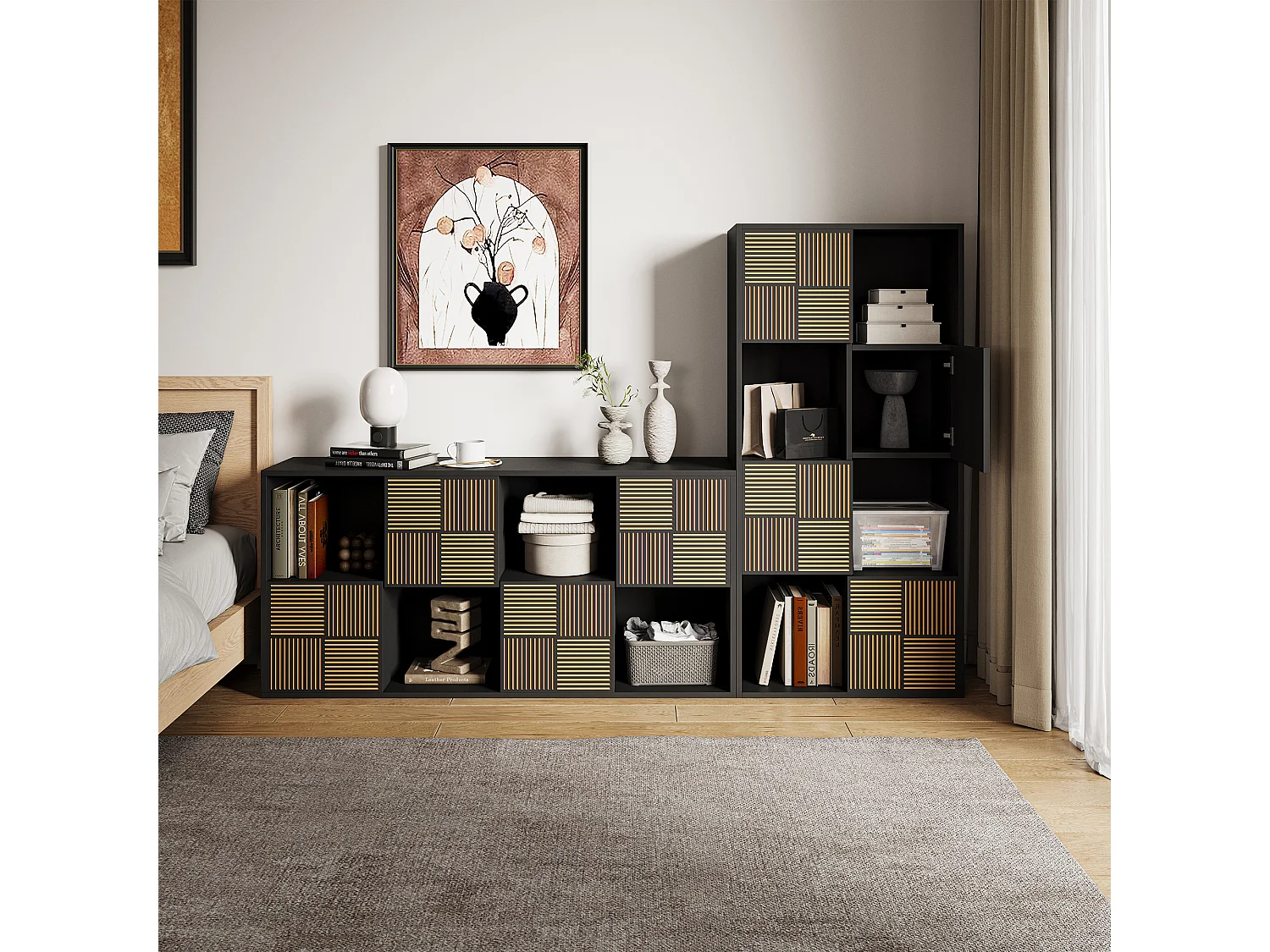 Bibliothèque 125 x 30 x 60 cm, meuble de rangement noir, 8 cases, portes à lattes
