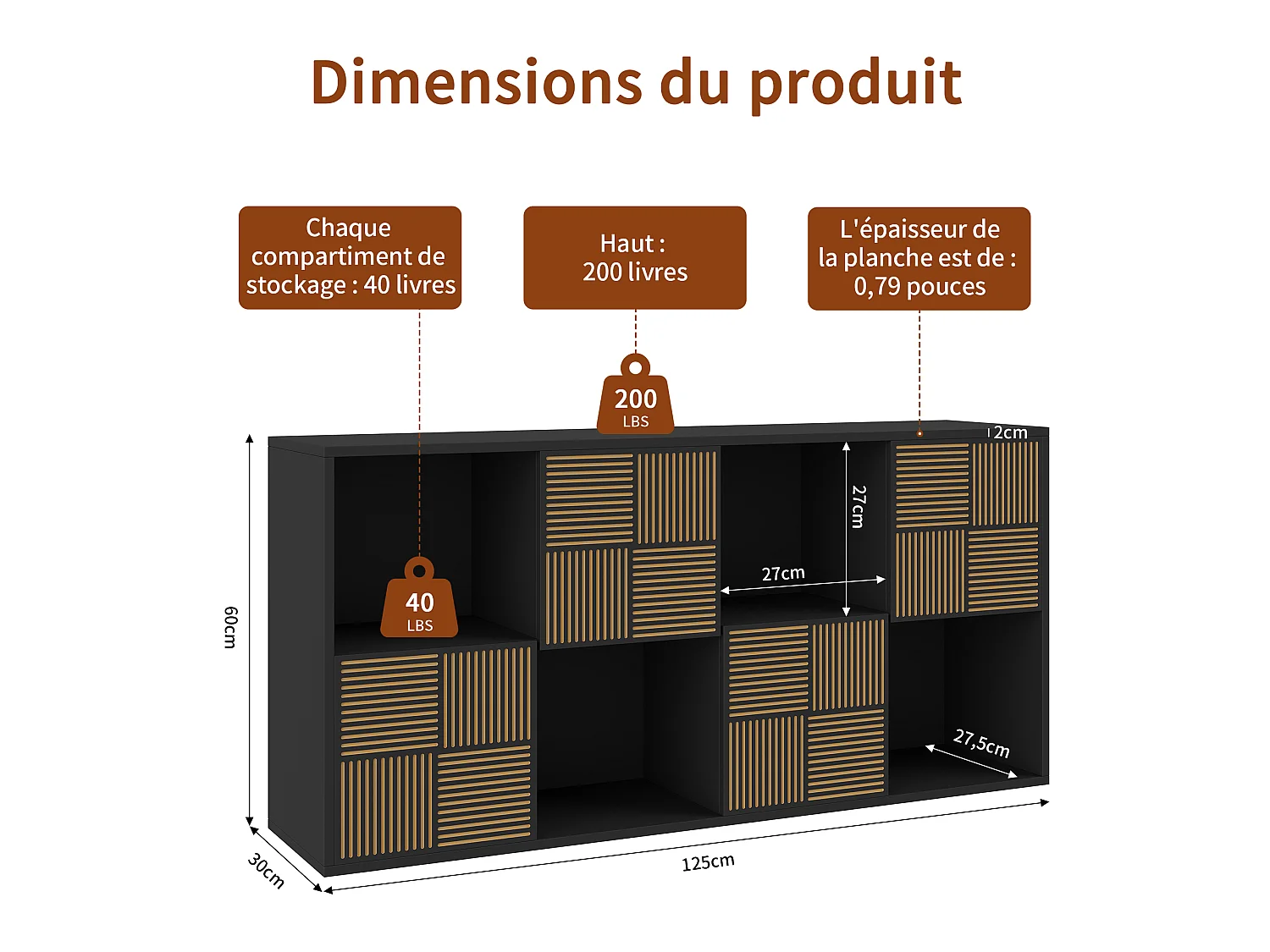Bibliothèque 125 x 30 x 60 cm, meuble de rangement noir, 8 cases, portes à lattes