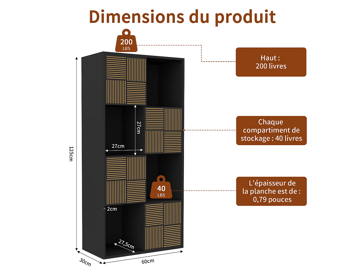 Bibliothèque 125 x 30 x 60 cm, meuble de rangement noir, 8 cases, portes à lattes