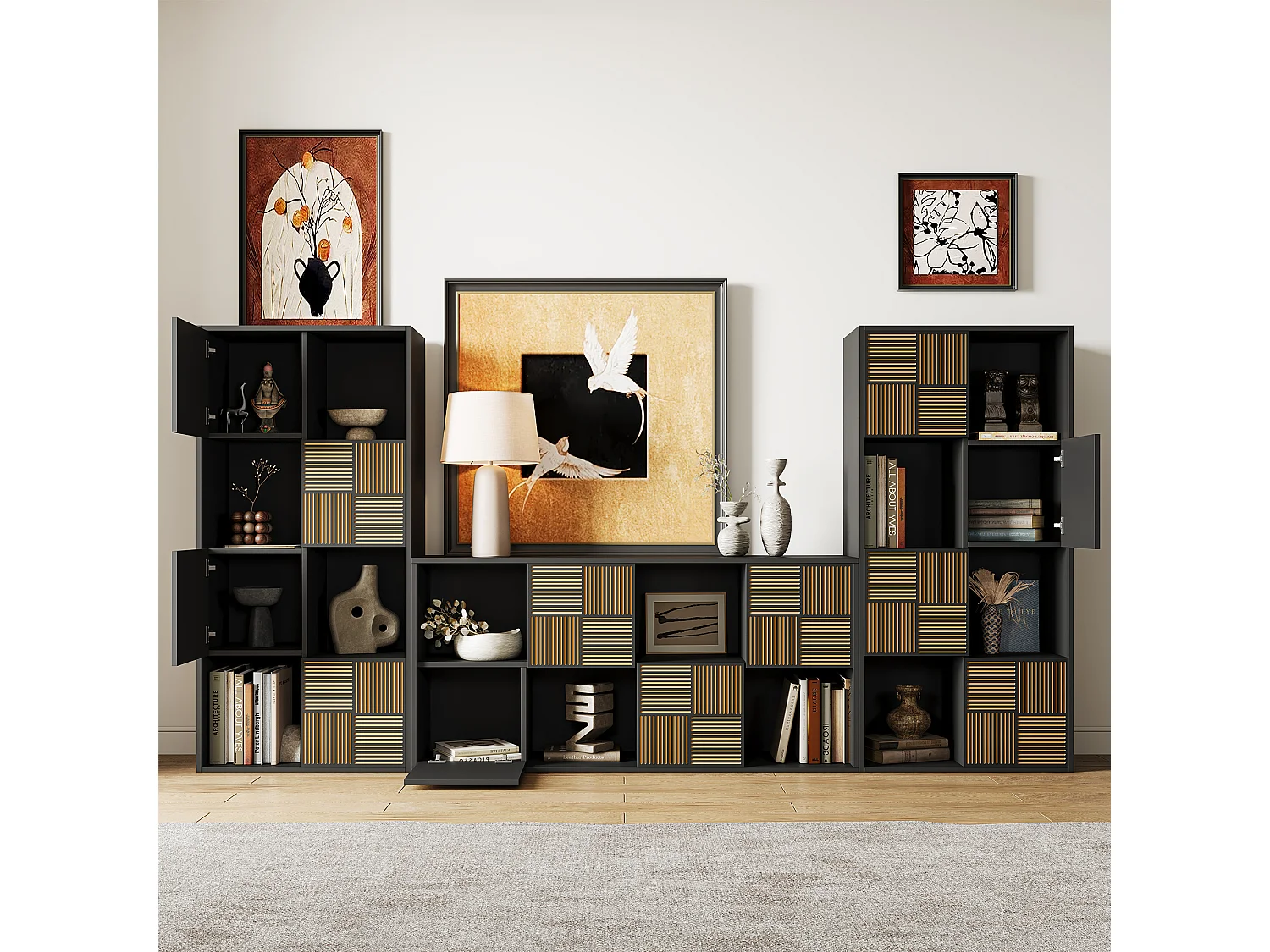 Bibliothèque 125 x 30 x 60 cm, meuble de rangement noir, 8 cases, portes à lattes