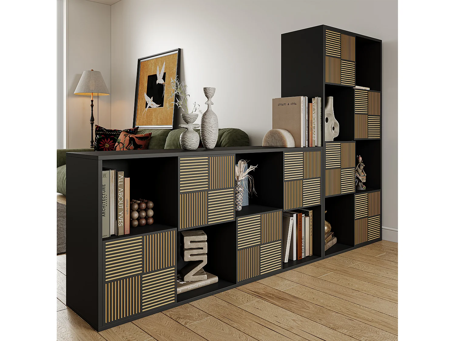 Bibliothèque 125 x 30 x 60 cm, meuble de rangement noir, 8 cases, portes à lattes