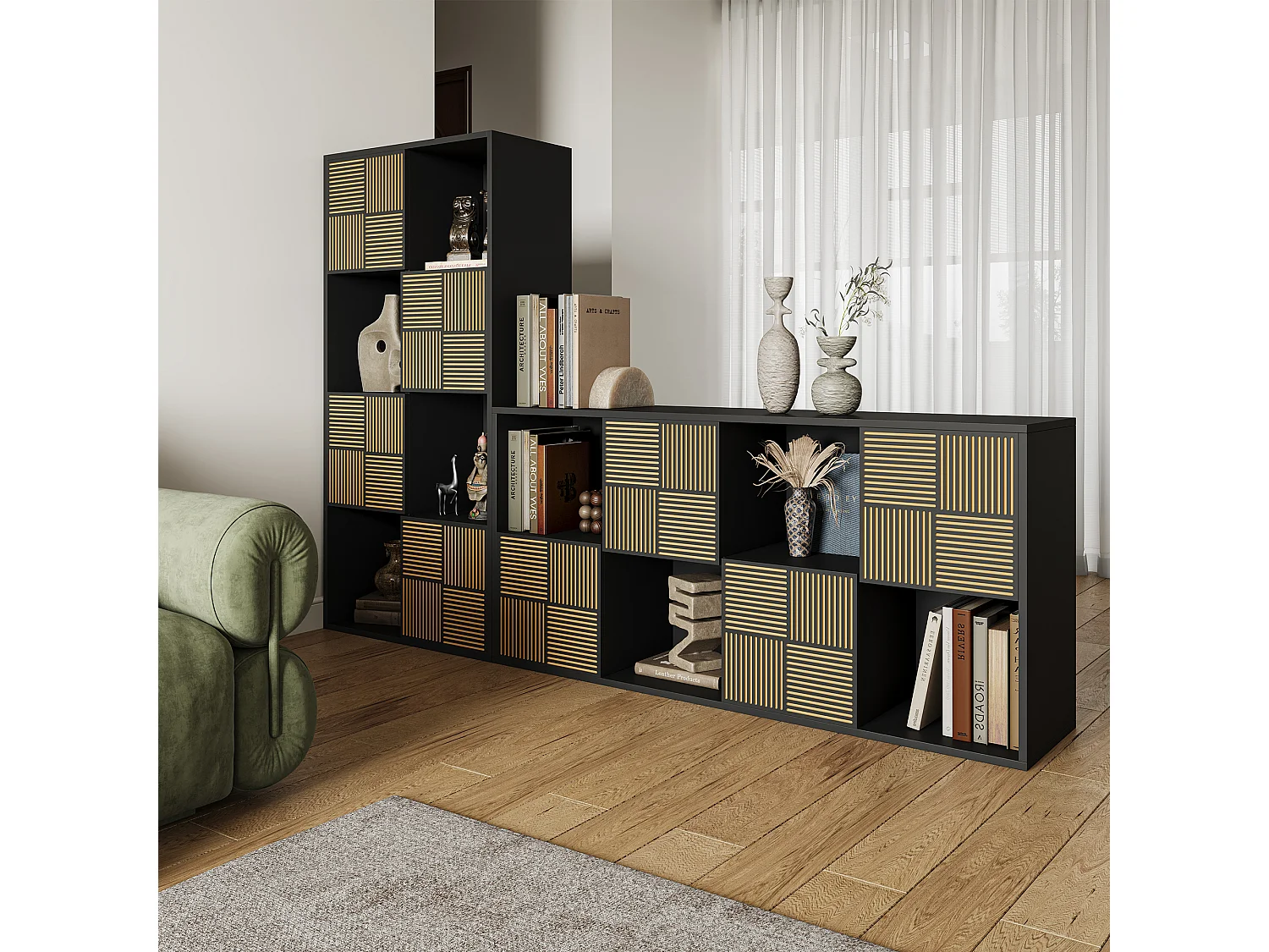Bibliothèque 125 x 30 x 60 cm, meuble de rangement noir, 8 cases, portes à lattes