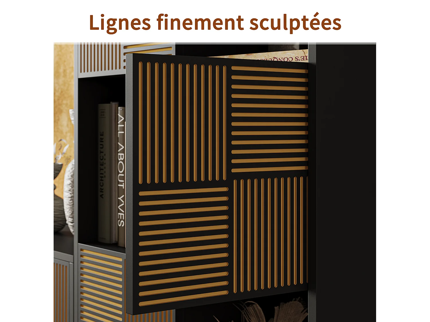 Bibliothèque 125 x 30 x 60 cm, meuble de rangement noir, 8 cases, portes à lattes
