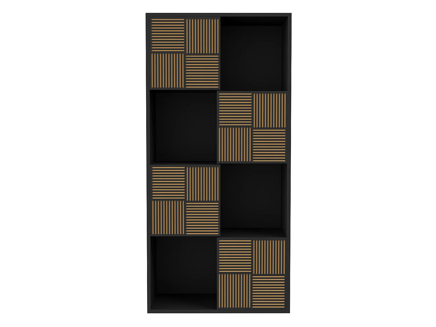 Bibliothèque 125 x 30 x 60 cm, meuble de rangement noir, 8 cases, portes à lattes