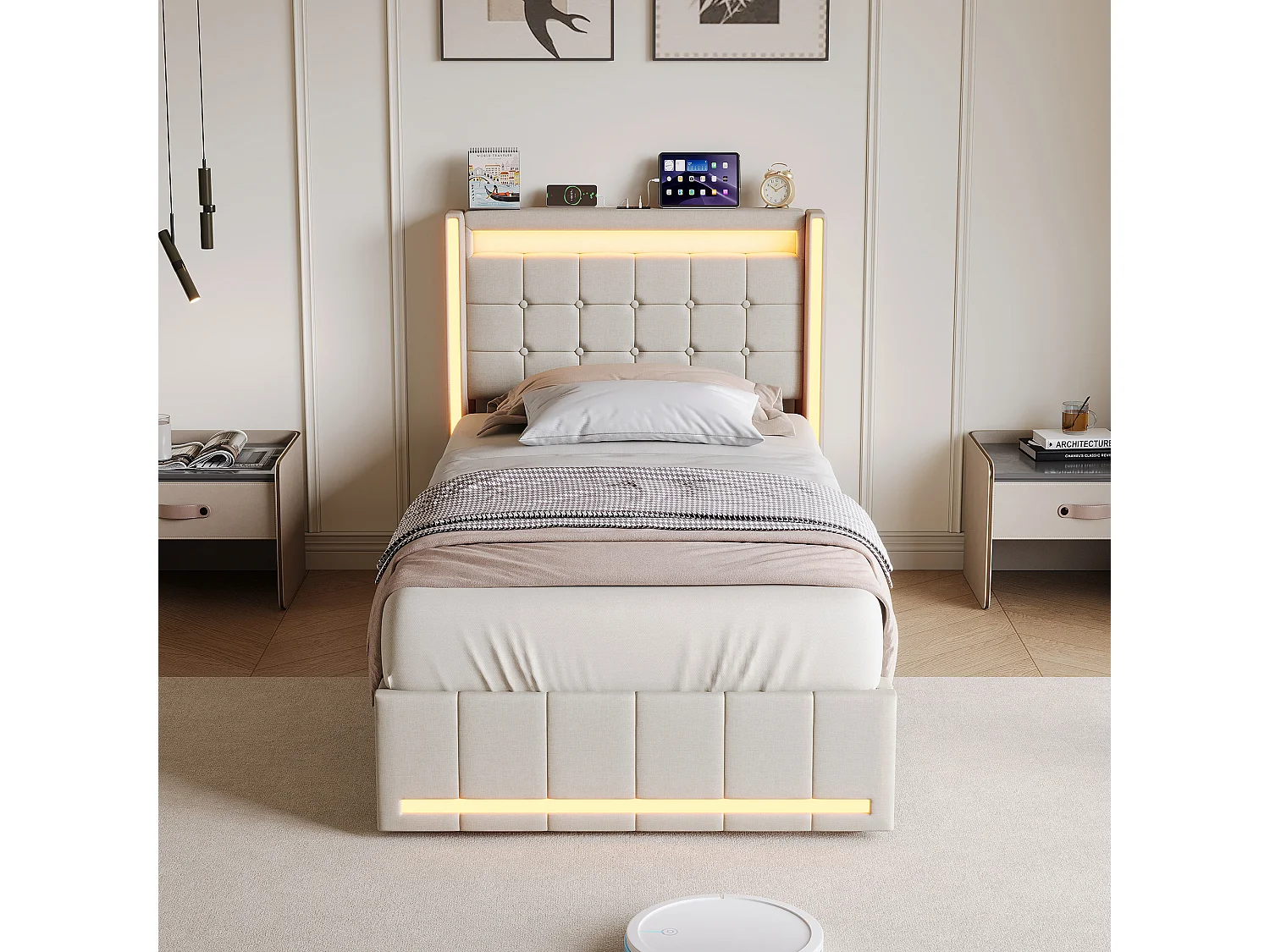 Cama de 90 x 200 cm com iluminação LED, 2 gavetas de arrumação, portas USB/Type-C e cabeceira estofada, em linho bege.