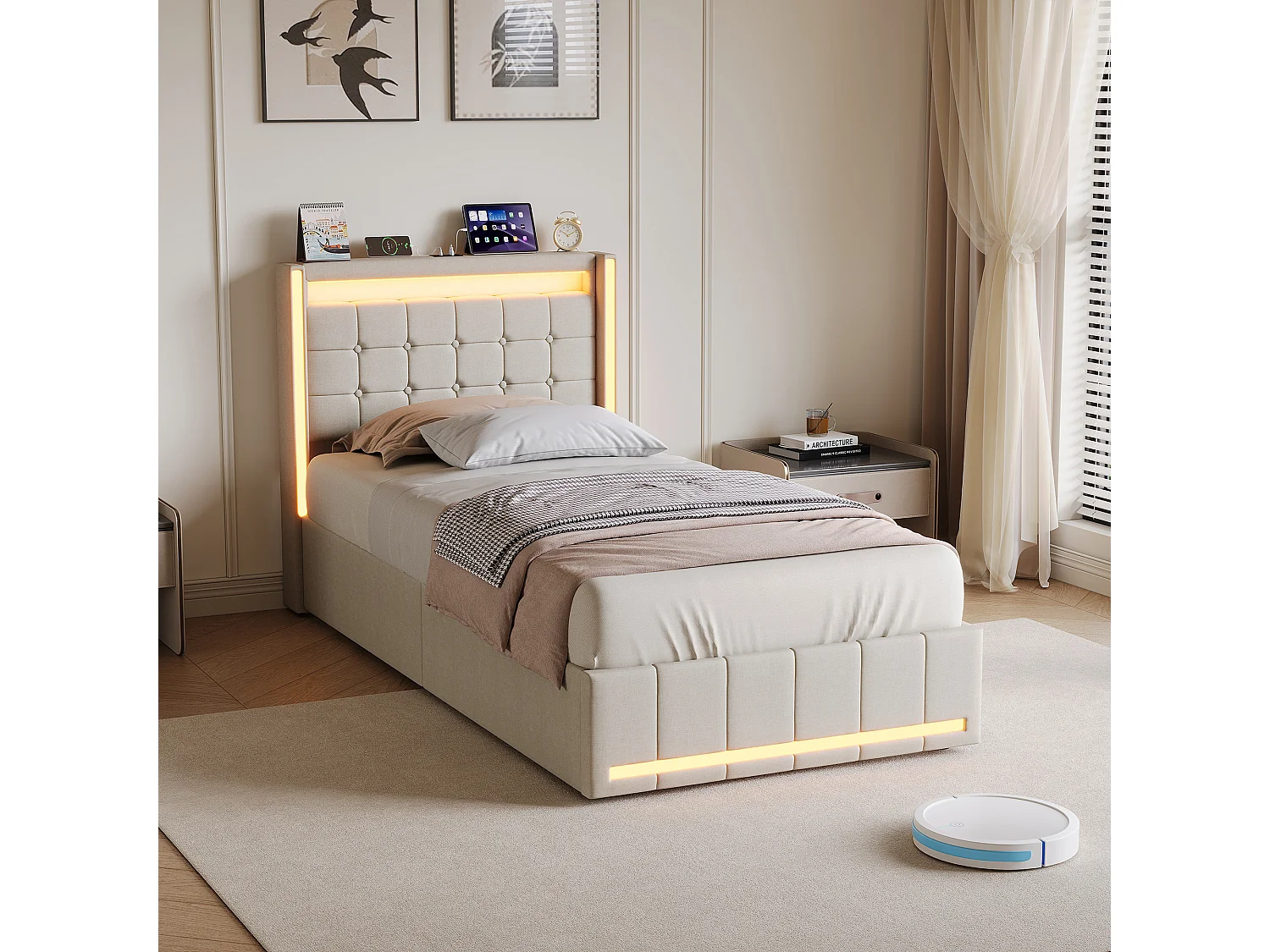 Cama de 90 x 200 cm com iluminação LED, 2 gavetas de arrumação, portas USB/Type-C e cabeceira estofada, em linho bege.
