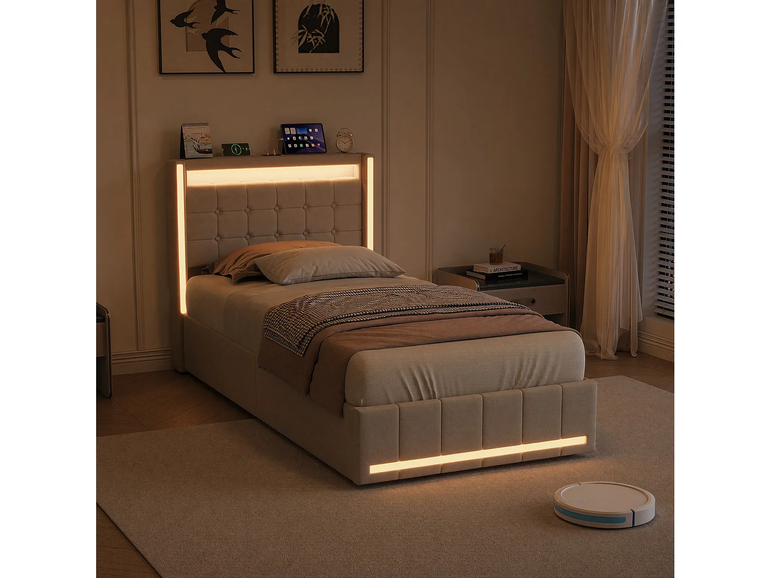 Cama de 90 x 200 cm com iluminação LED, 2 gavetas de arrumação, portas USB/Type-C e cabeceira estofada, em linho bege.