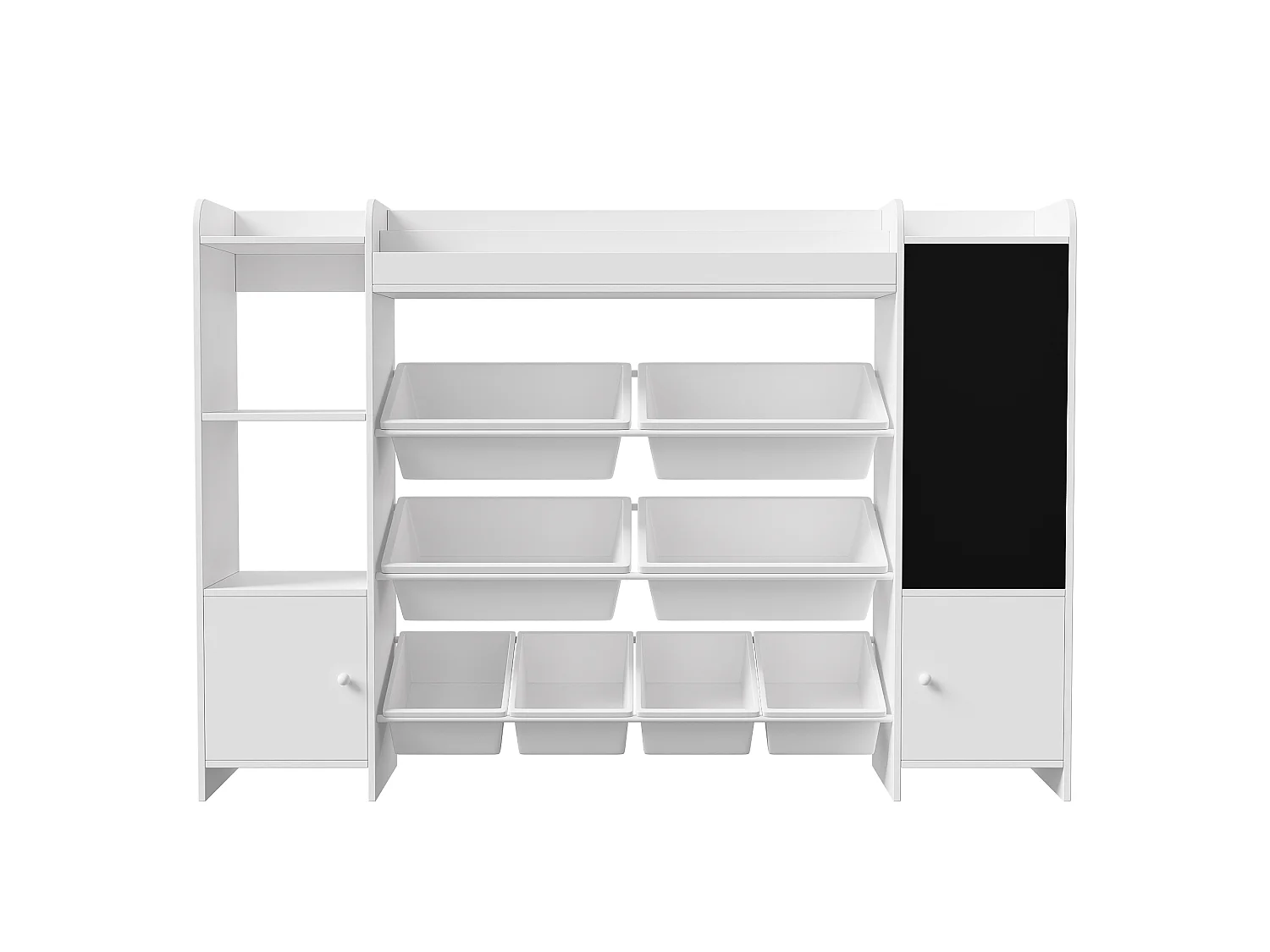 Armário infantil de arrumação 137 x 94 x 30 cm com caixas, prateleiras e quadro-negro.