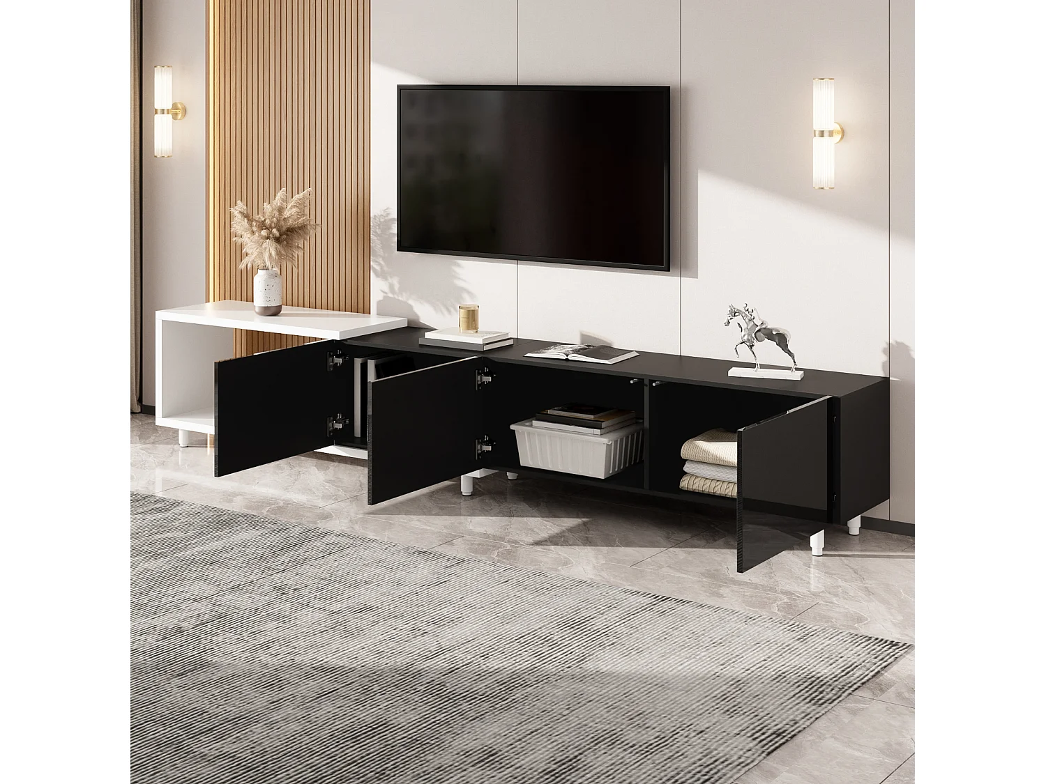 Uitschuifbaar tv-meubel 258 x 38 x 48,5 cm van MDF/PB, 3 glanzende deuren, zwart en wit