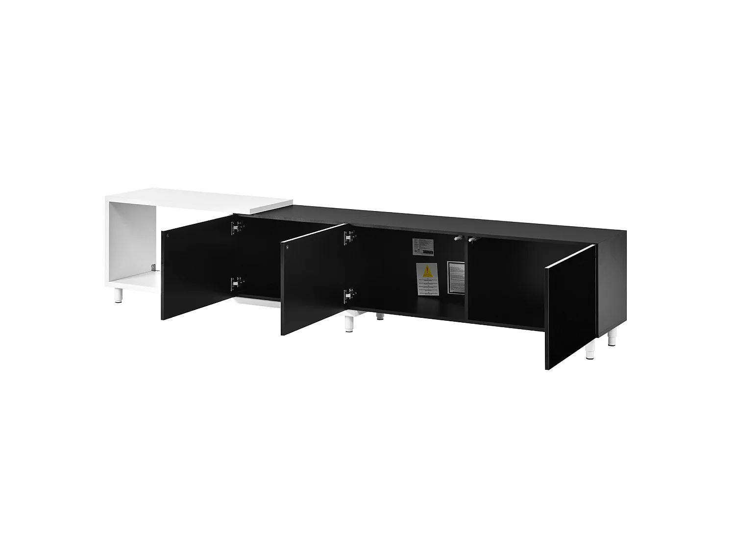 Uitschuifbaar tv-meubel 258 x 38 x 48,5 cm van MDF/PB, 3 glanzende deuren, zwart en wit