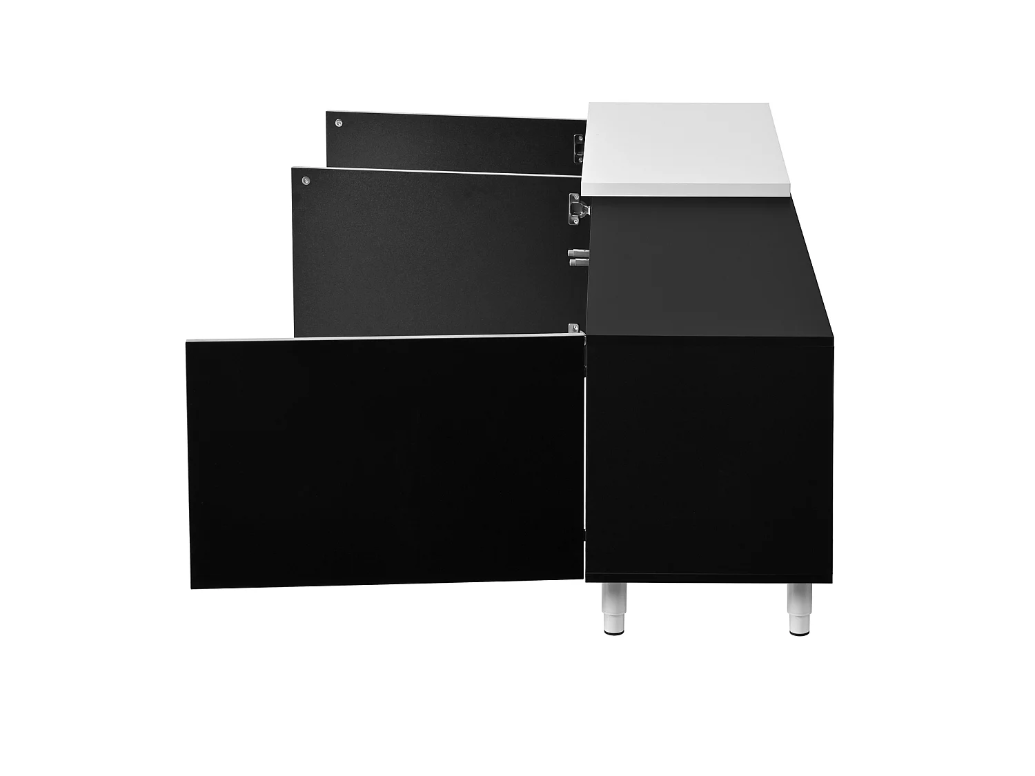 Uitschuifbaar tv-meubel 258 x 38 x 48,5 cm van MDF/PB, 3 glanzende deuren, zwart en wit