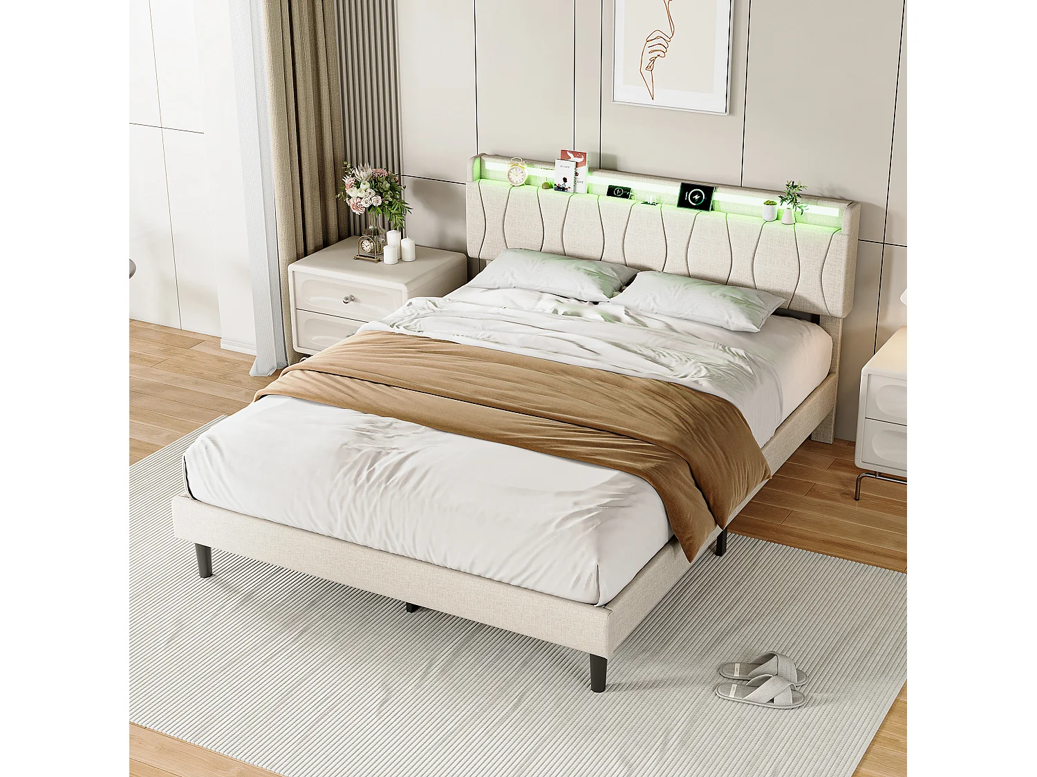 Lit 160 x 200 cm avec LED, prises USB et Type-C, lin, beige