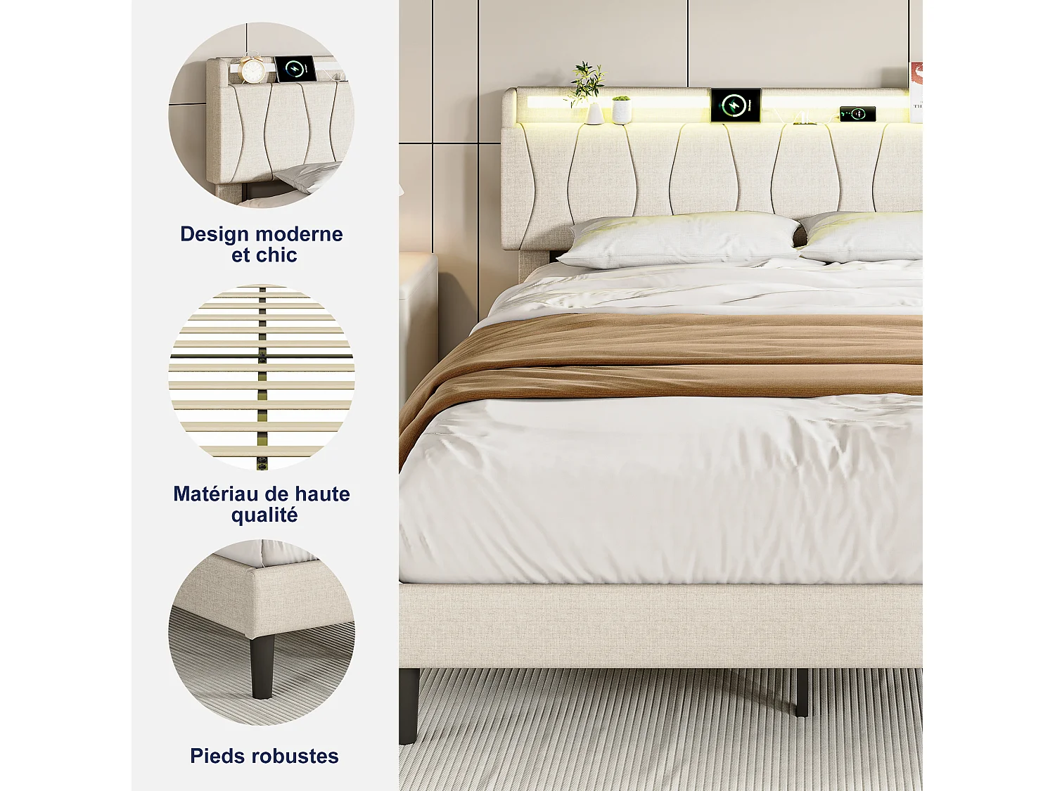 Lit 160 x 200 cm avec LED, prises USB et Type-C, lin, beige